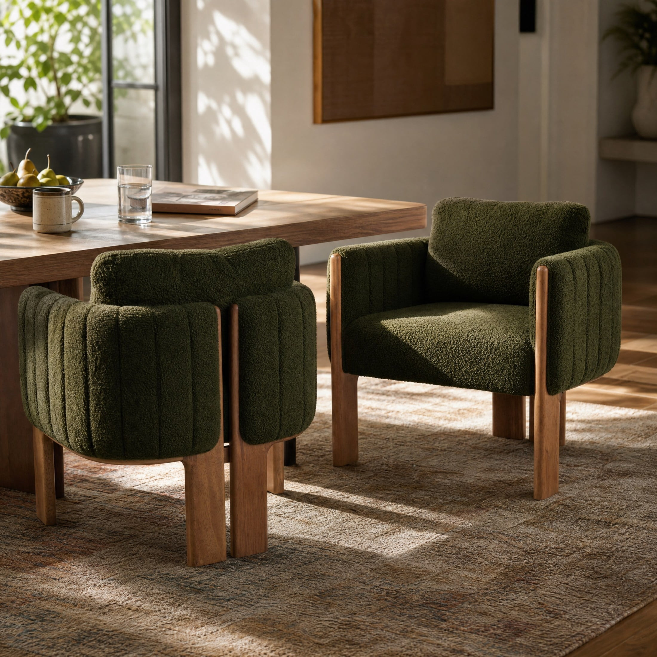 Christopher Knight Home Set of 2 Boucle Upholstered Dining Chairs, Channel Tufted Accent Chairs, Green+Walnut