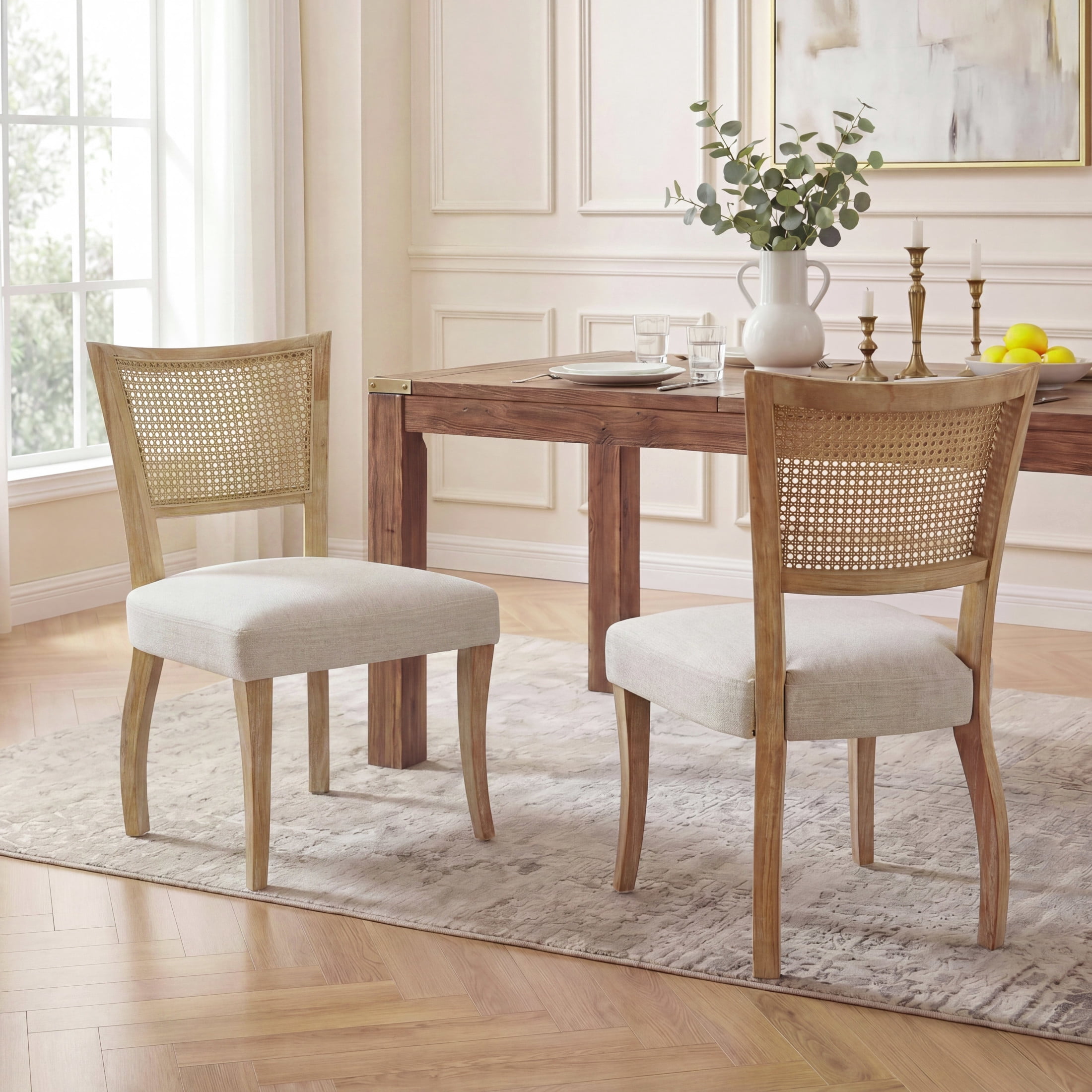 Christopher Knight Home Set of 2 Dining Chairs with Rattan Cane Back, Upholstered Seat, Natural + Beige