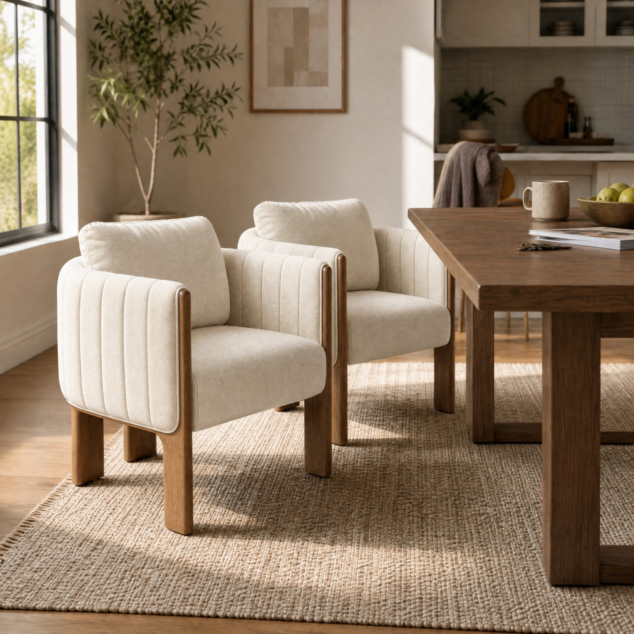 Christopher Knight Home Set of 2 Fabric Upholstered Dining Chairs, Channel Tufted Accent Chairs, Beige+Walnut