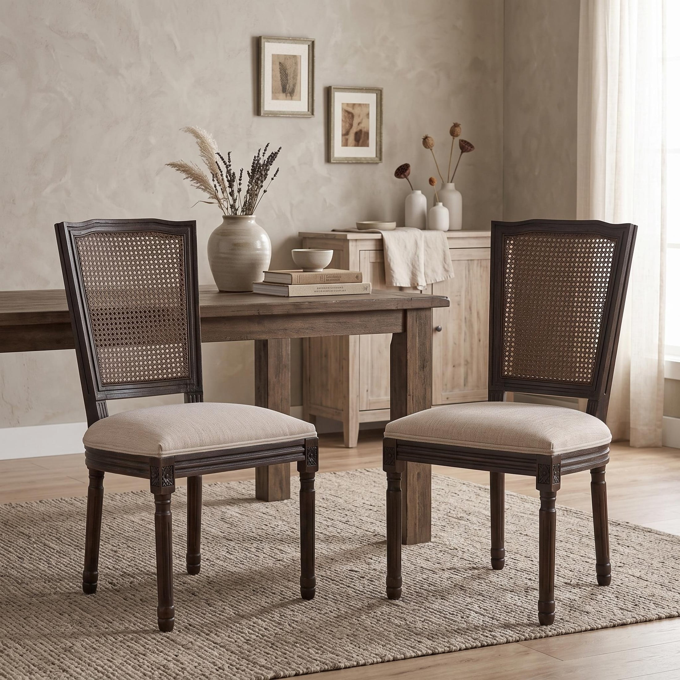 Christopher Knight Home Set of 2 French Country Dining Chairs with Rattan Cane Back, Dark Walnut+Beige