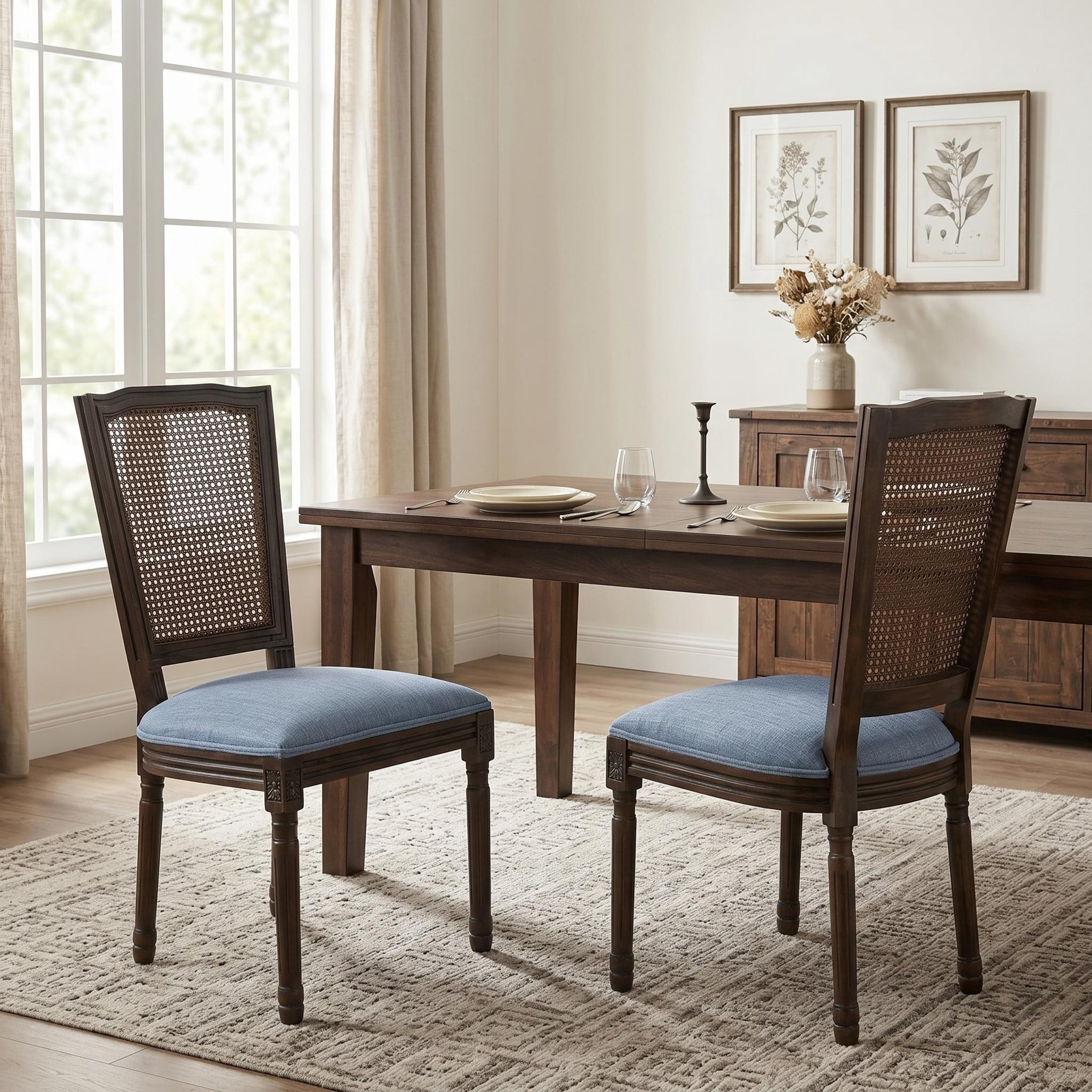 Christopher Knight Home Set of 2 French Country Dining Chairs with Rattan Cane Back, Dark Walnut+Slate Blue