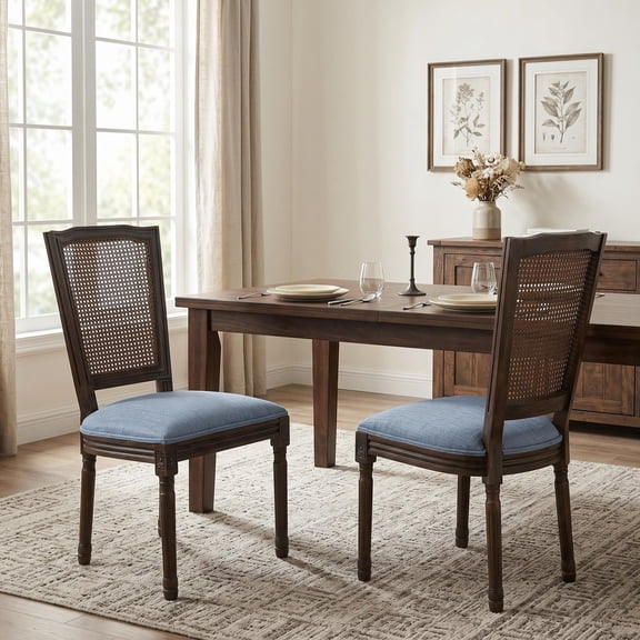 Christopher Knight Home Set of 2 French Country Dining Chairs with Rattan Cane Back, Dark Walnut+Slate Blue