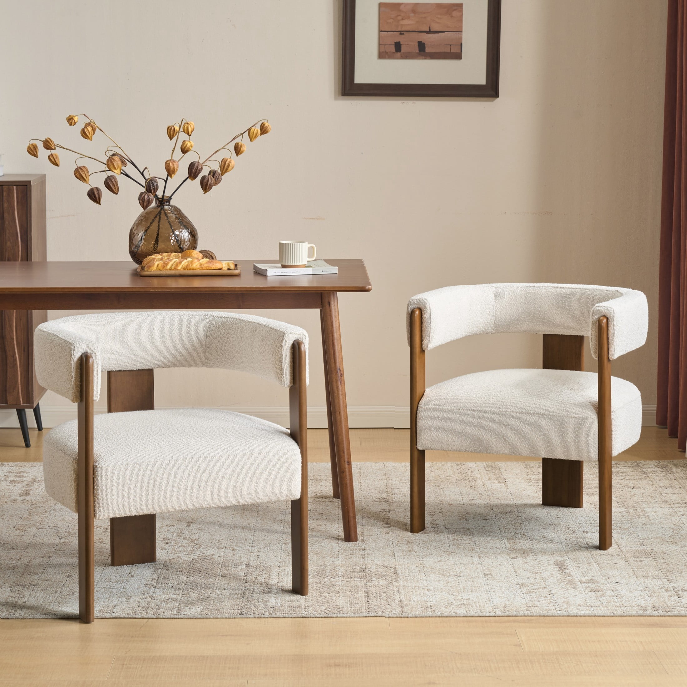Christopher Knight Home Set of 2 Modern Boucle Dining Chairs with Curved Open Back, Beige+Dark Walnut