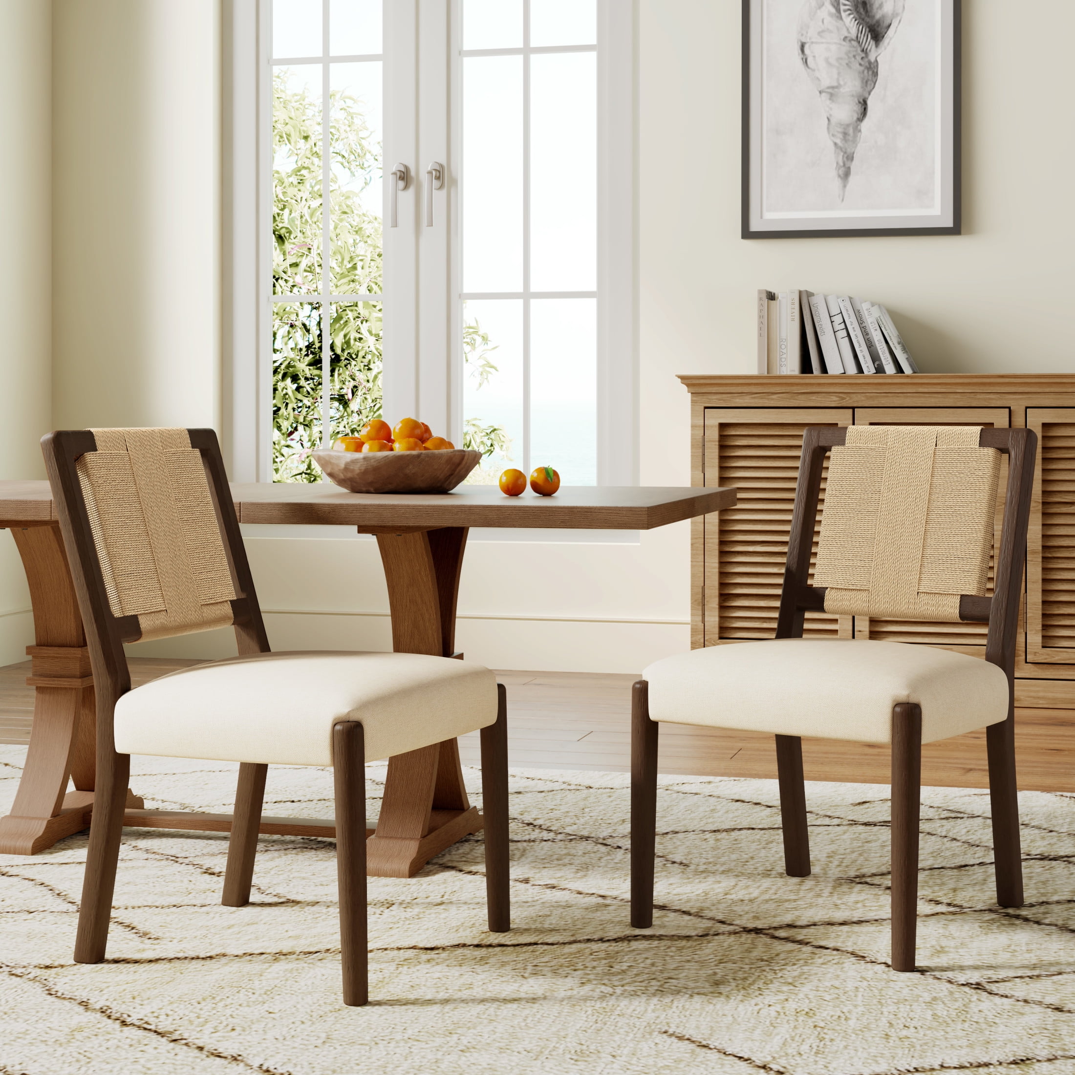 Christopher Knight Home Set of 2 Modern Upholstered Dining Chairs with Woven Rope Backrest, Walnut+Beige