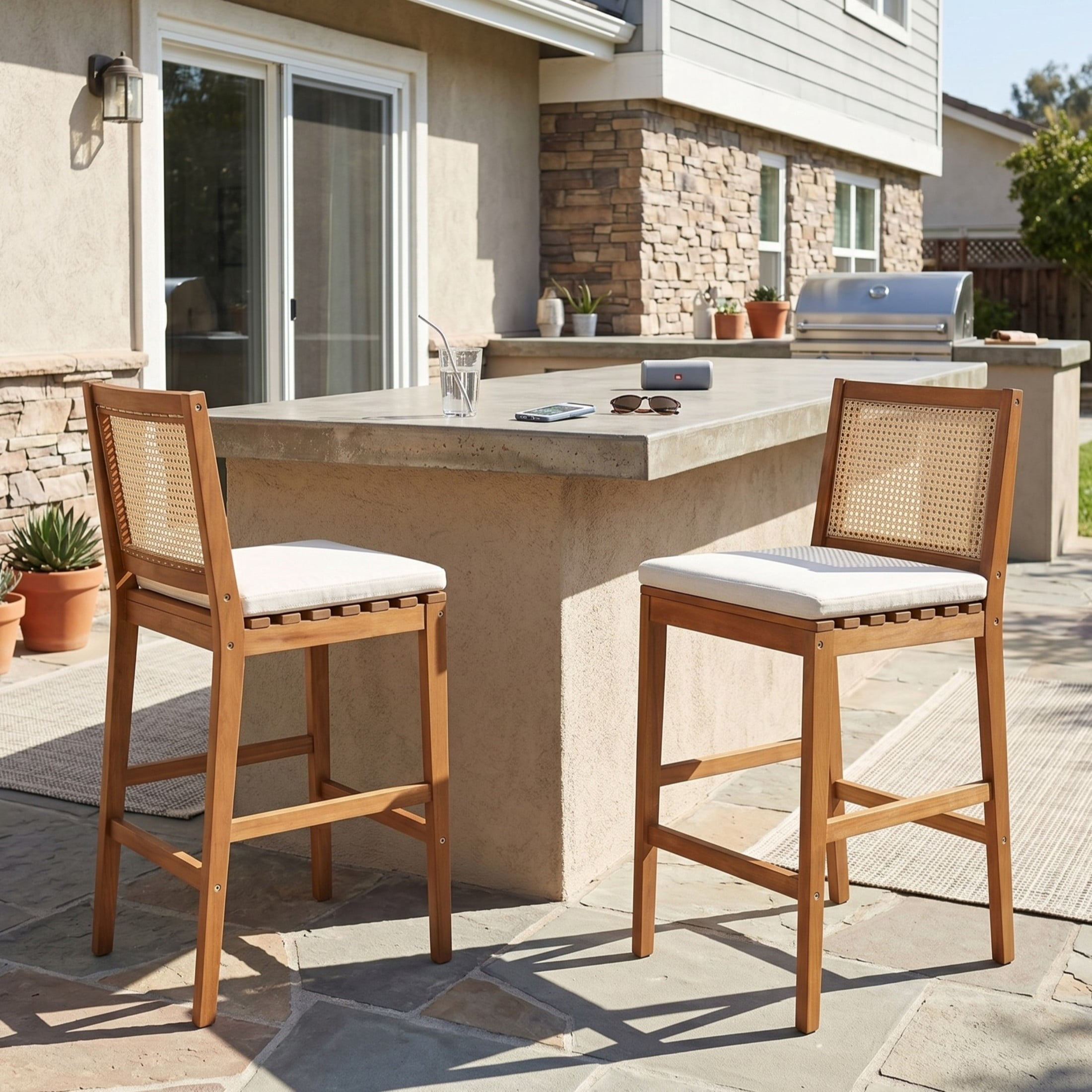Christopher Knight Home Set of 2 Outdoor Bar Stools with Cushions, Wicker Backrests, Teak + Beige