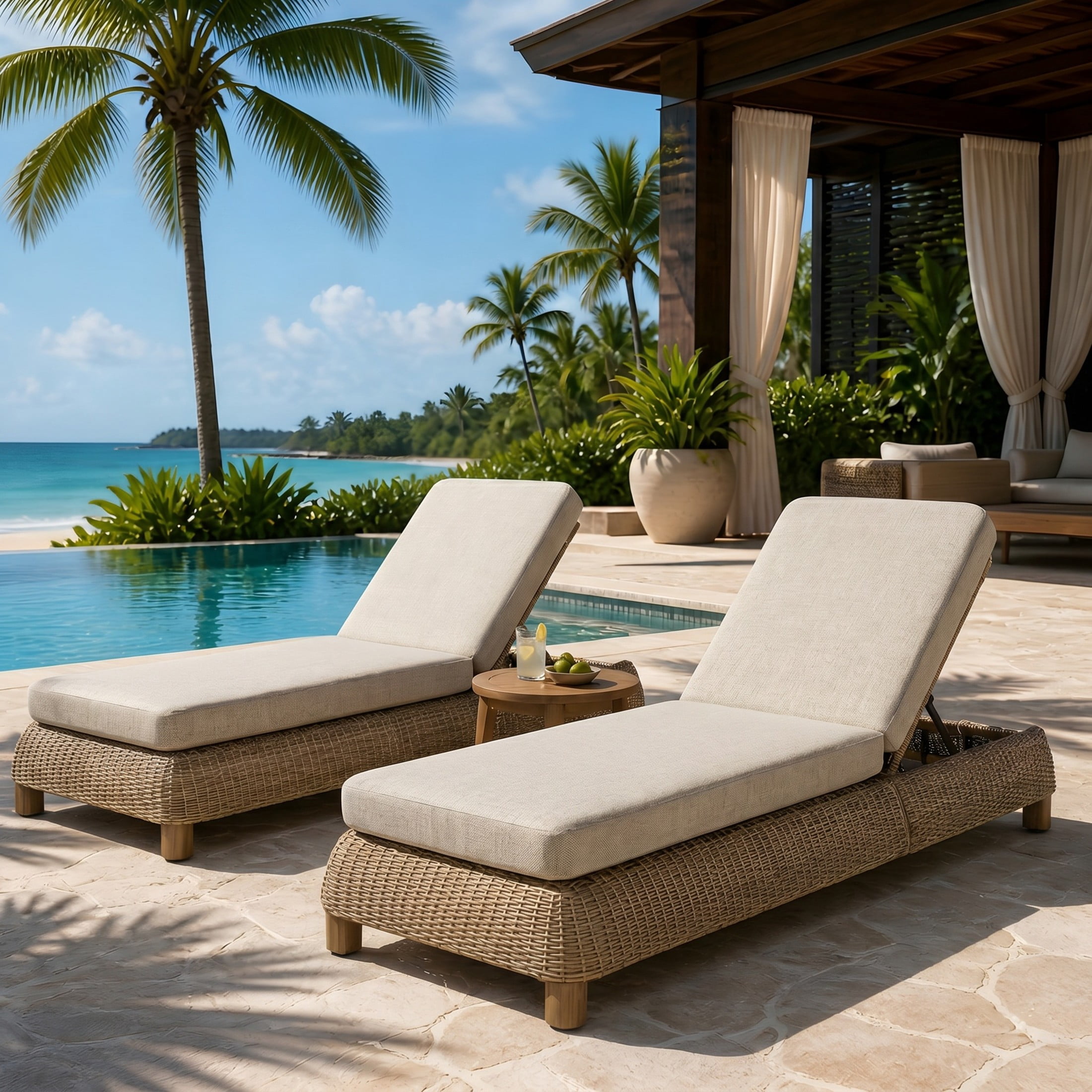 Christopher Knight Home Set of 2 Outdoor Chaise Lounge Chairs, Wicker Recliners with Cushions, Brown + Beige