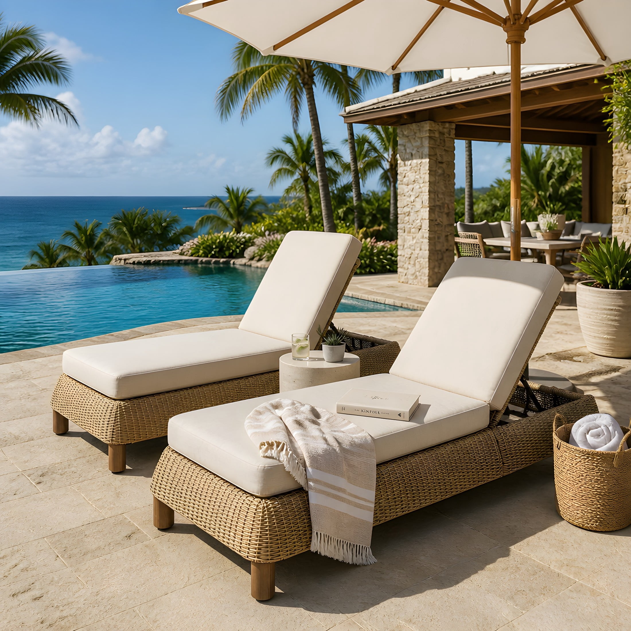Christopher Knight Home Set of 2 Outdoor Chaise Lounge Chairs, Wicker Recliners with Cushions, Natural+Beige