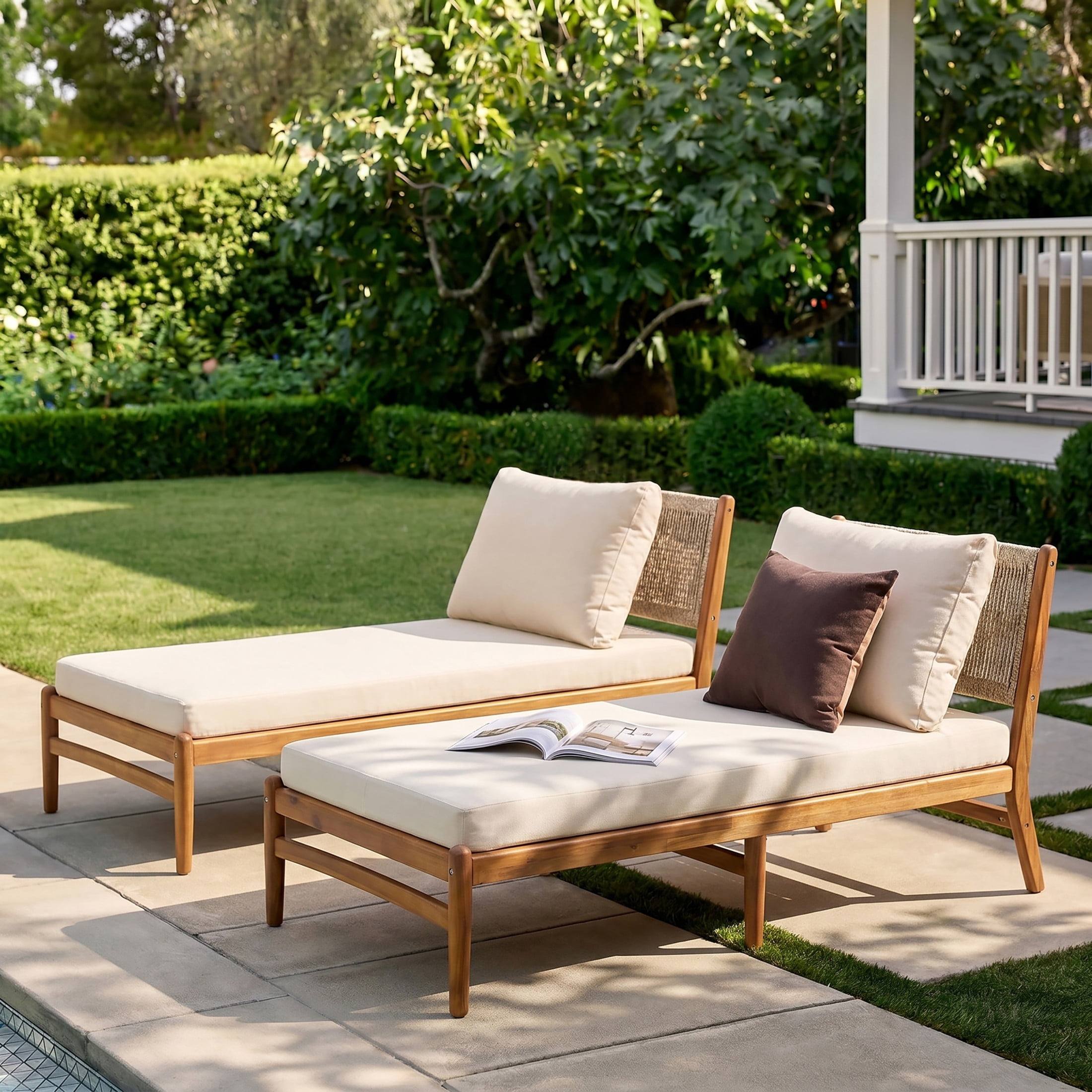 Christopher Knight Home Set of 2 Outdoor Chaise Lounges, Acacia Wood with Woven Rope, Cream Cushions, Teak