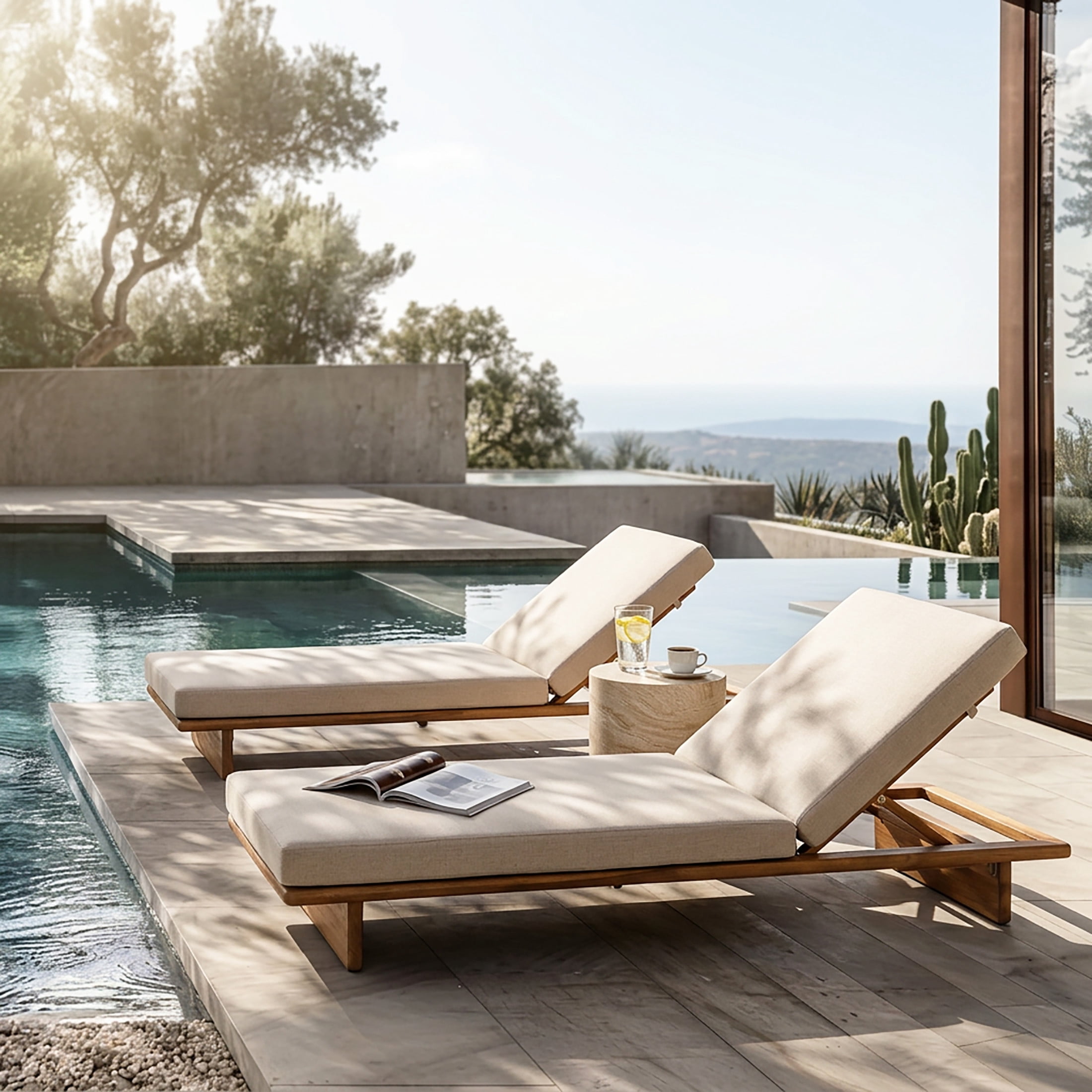Christopher Knight Home Set of 2 Outdoor Chaise Lounges, Reclining Patio Loungers with Cushions, Teak + Beige