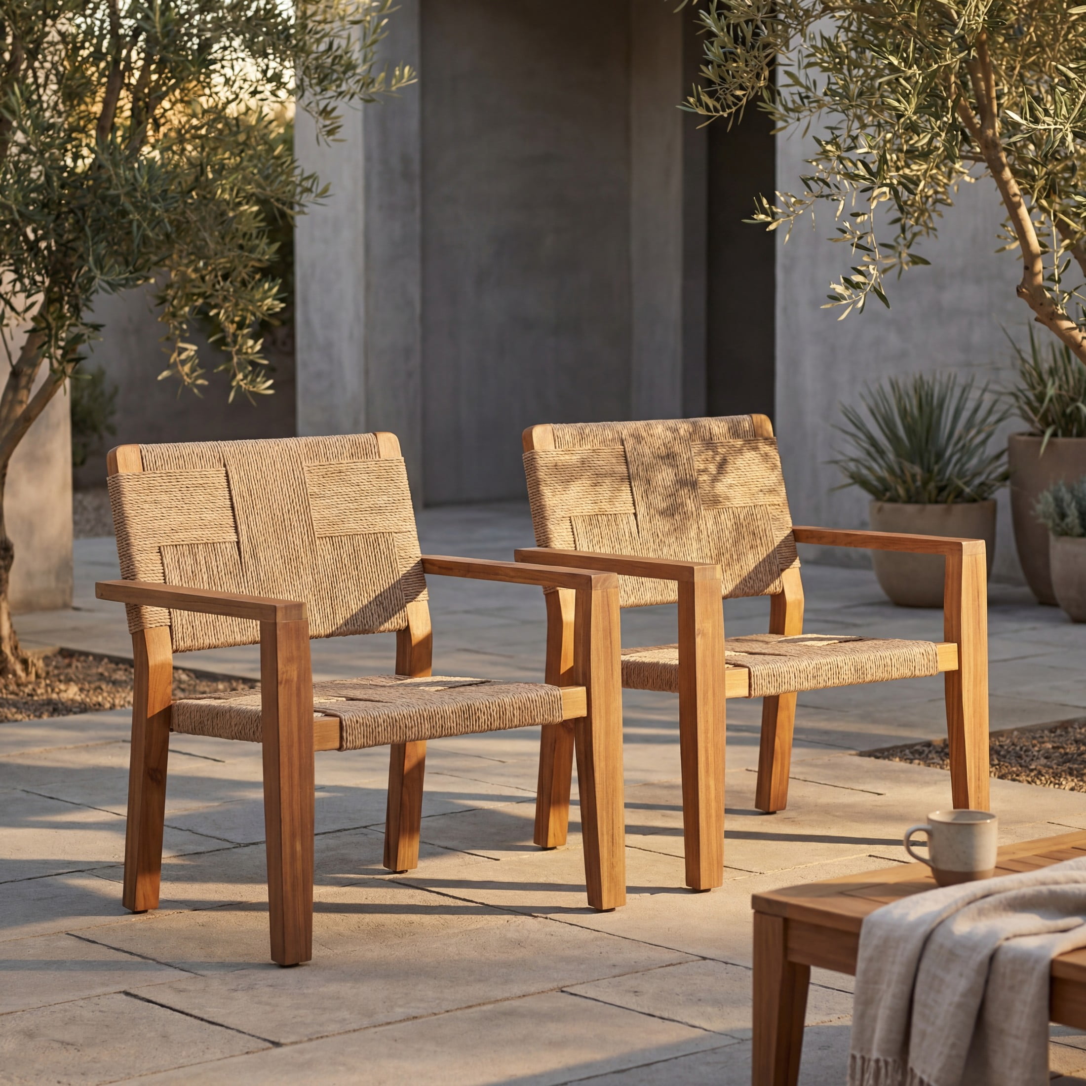 Christopher Knight Home Set of 2 Outdoor Club Chairs, Acacia Wood Frame with Rope Weave, Brown + Natural