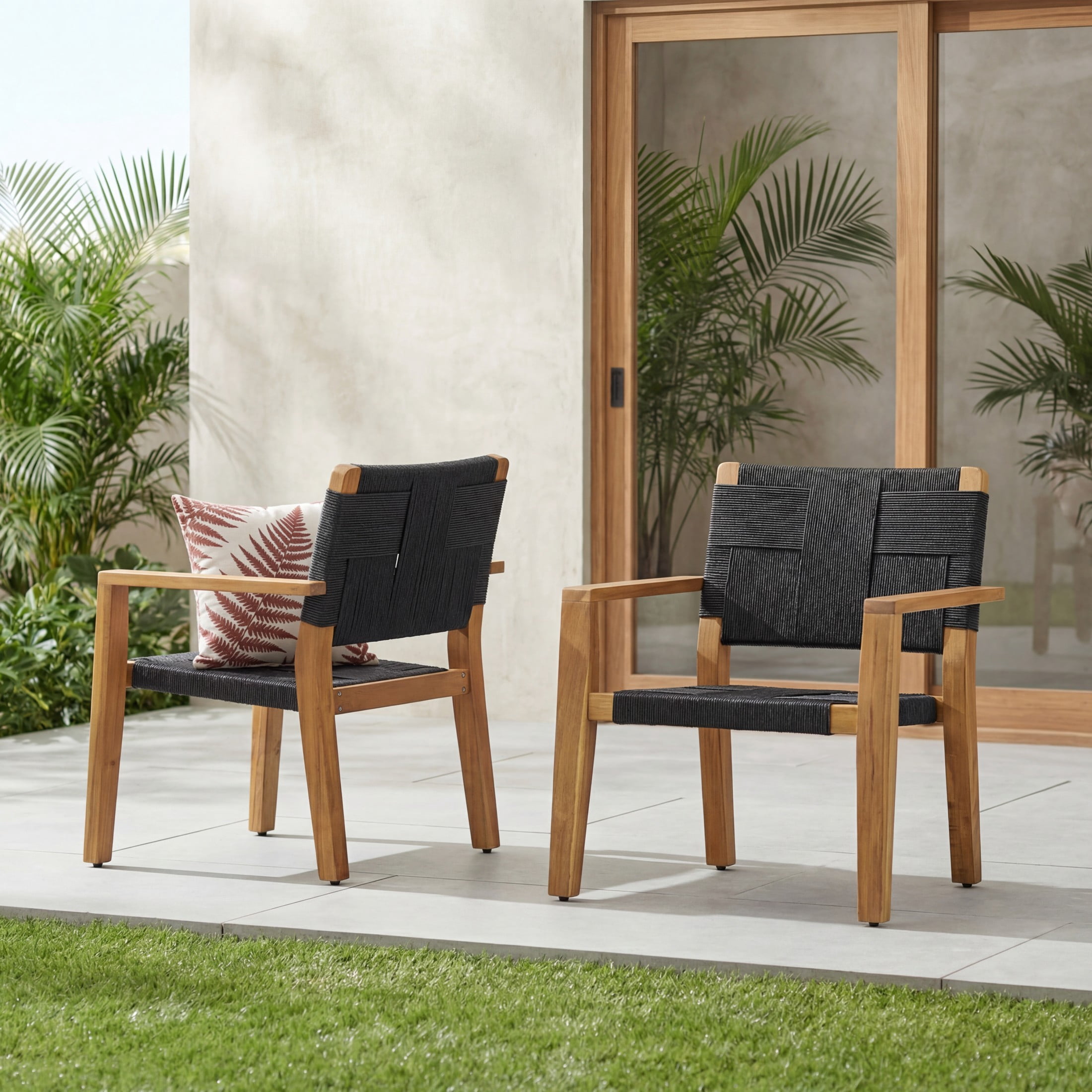 Christopher Knight Home Set of 2 Outdoor Club Chairs, Acacia Wood Frame with Rope Weave, Teak + Black