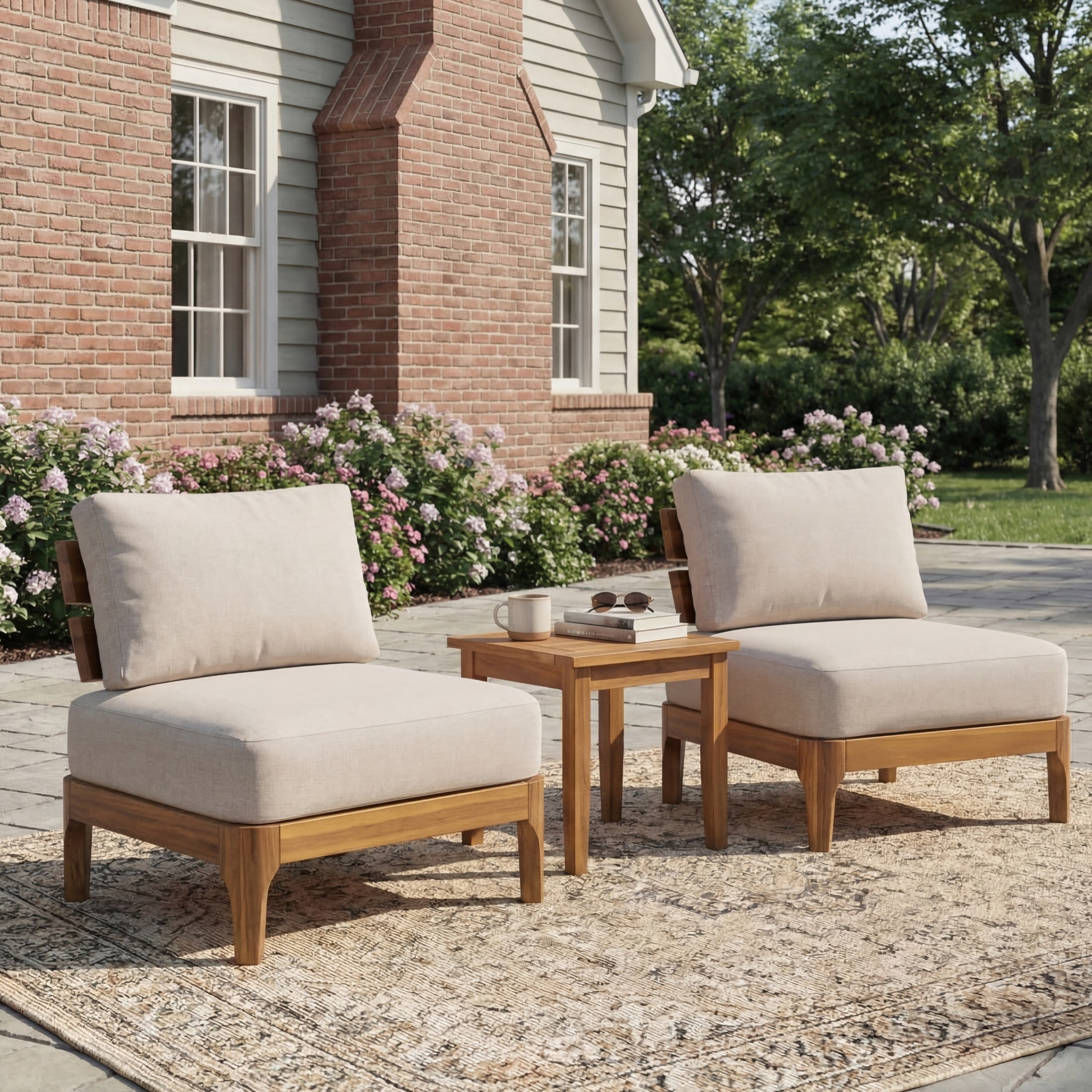 Christopher Knight Home Set of 2 Outdoor Club Chairs with Cushions, Acacia Wood Frame, Teak + Beige