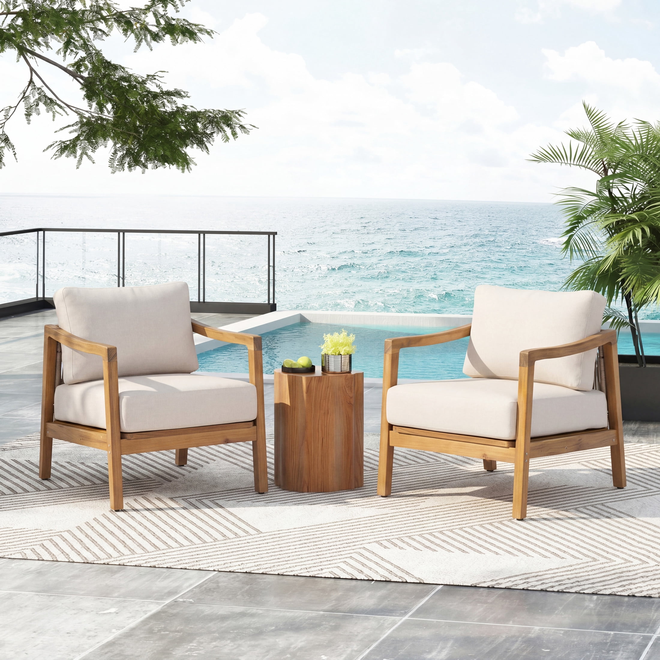Christopher Knight Home Set of 2 Outdoor Club Chairs with Water-Repellent Cushion, Teak + Beige