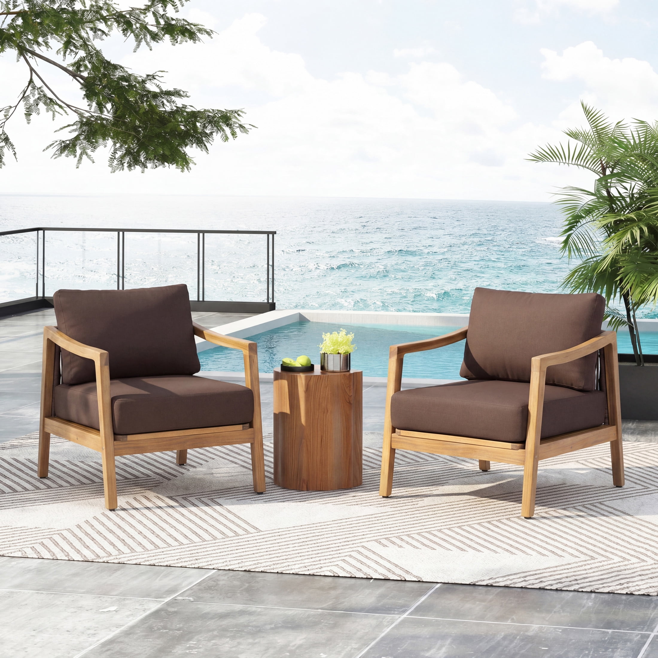Christopher Knight Home Set of 2 Outdoor Club Chairs with Water-Repellent Cushion, Teak + Brown