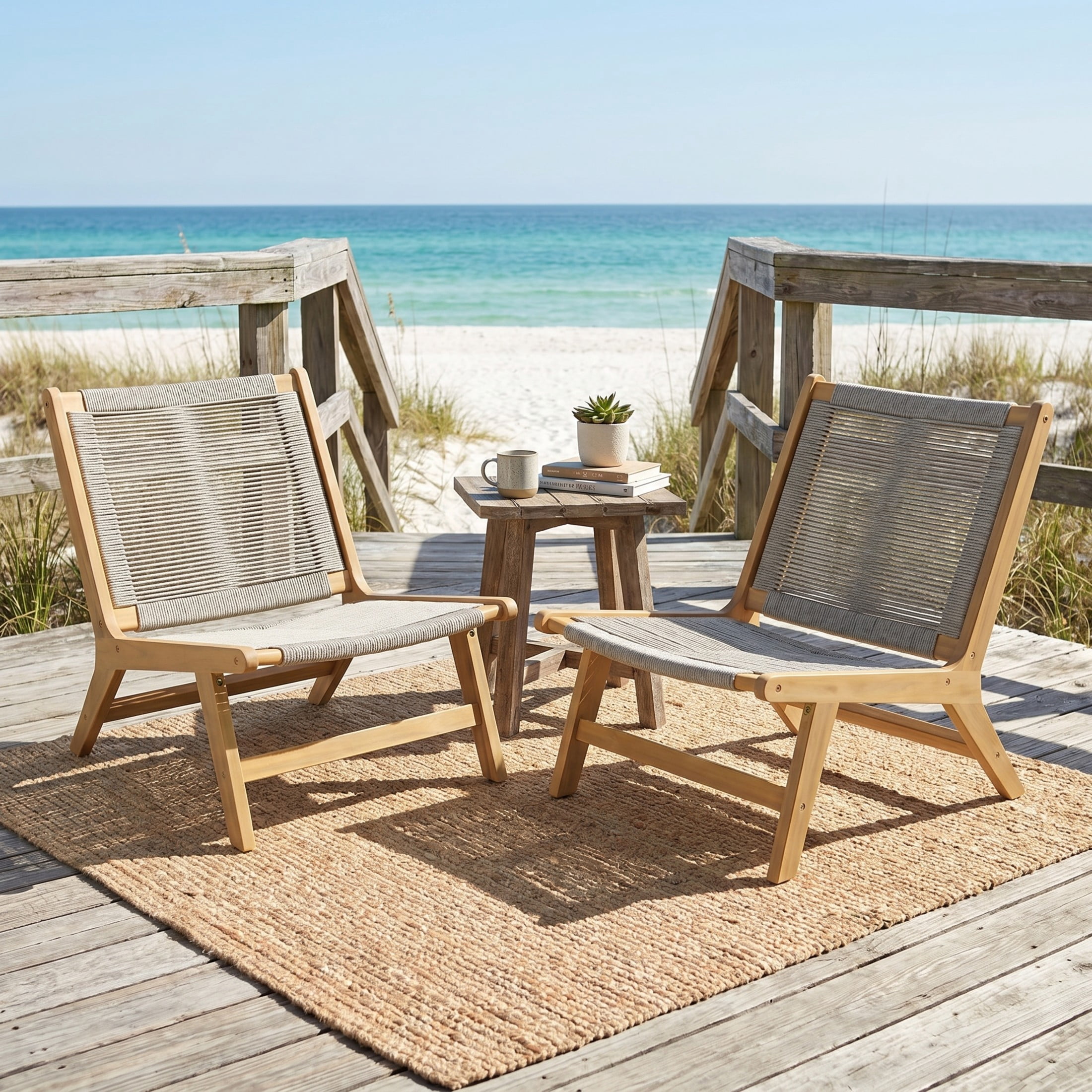 Christopher Knight Home Set of 2 Outdoor Lounge Chairs, Acacia Wood Rope Patio Chairs, Light Teak+Beige