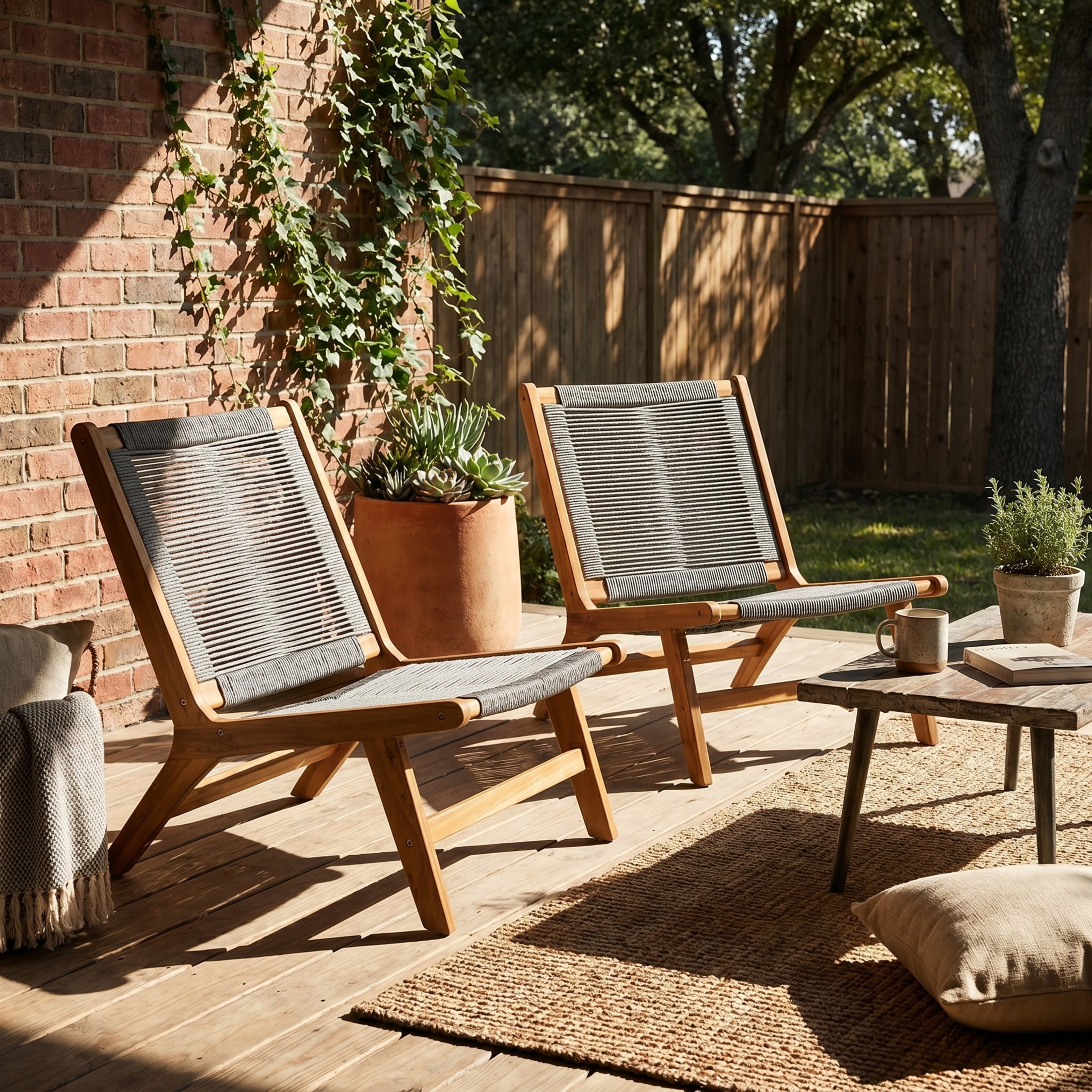Christopher Knight Home Set of 2 Outdoor Lounge Chairs, Acacia Wood Rope Patio Chairs, Teak + Gray