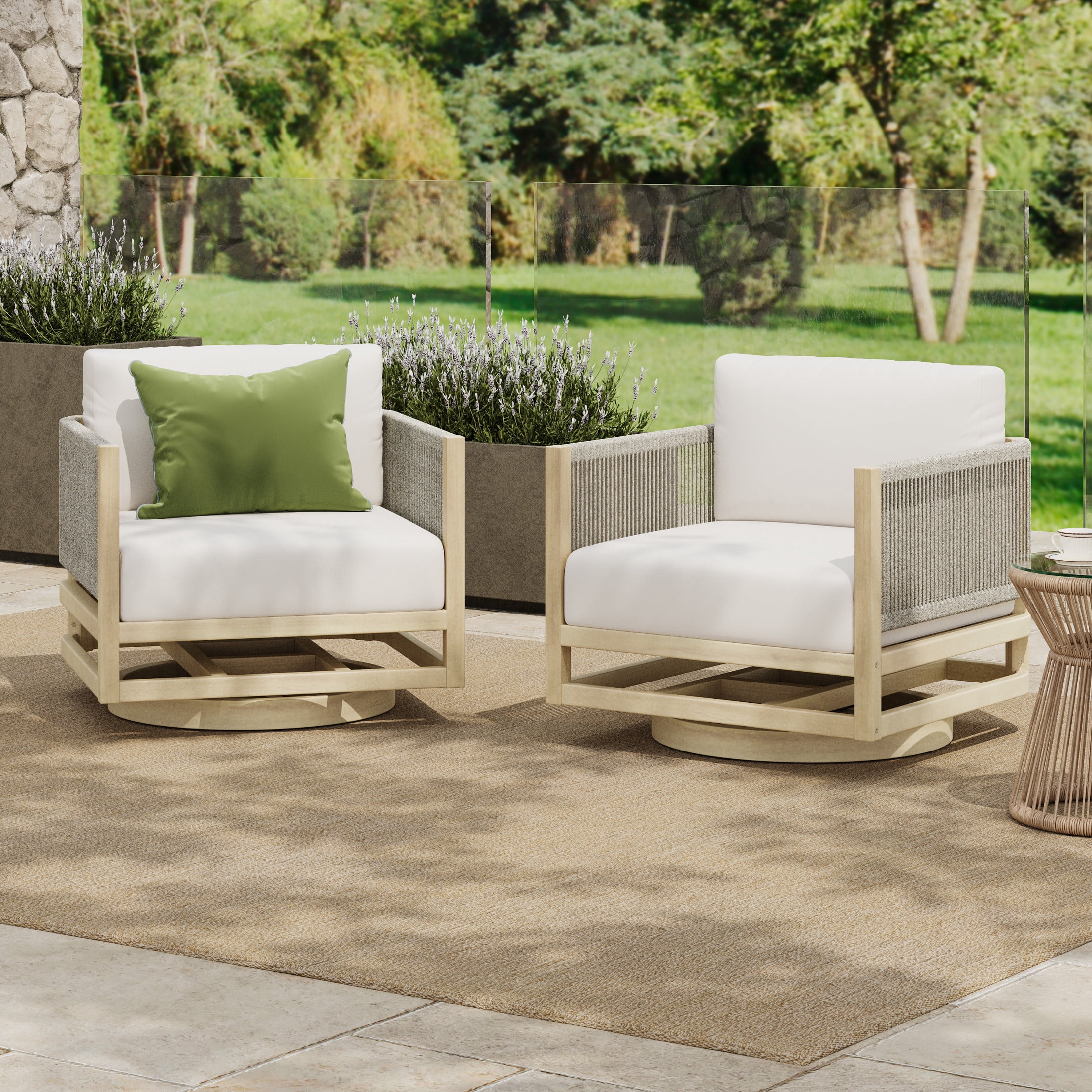 Christopher Knight Home Set of 2 Outdoor Swivel Chair with Water-Resistant Cushion, Teak and Cream