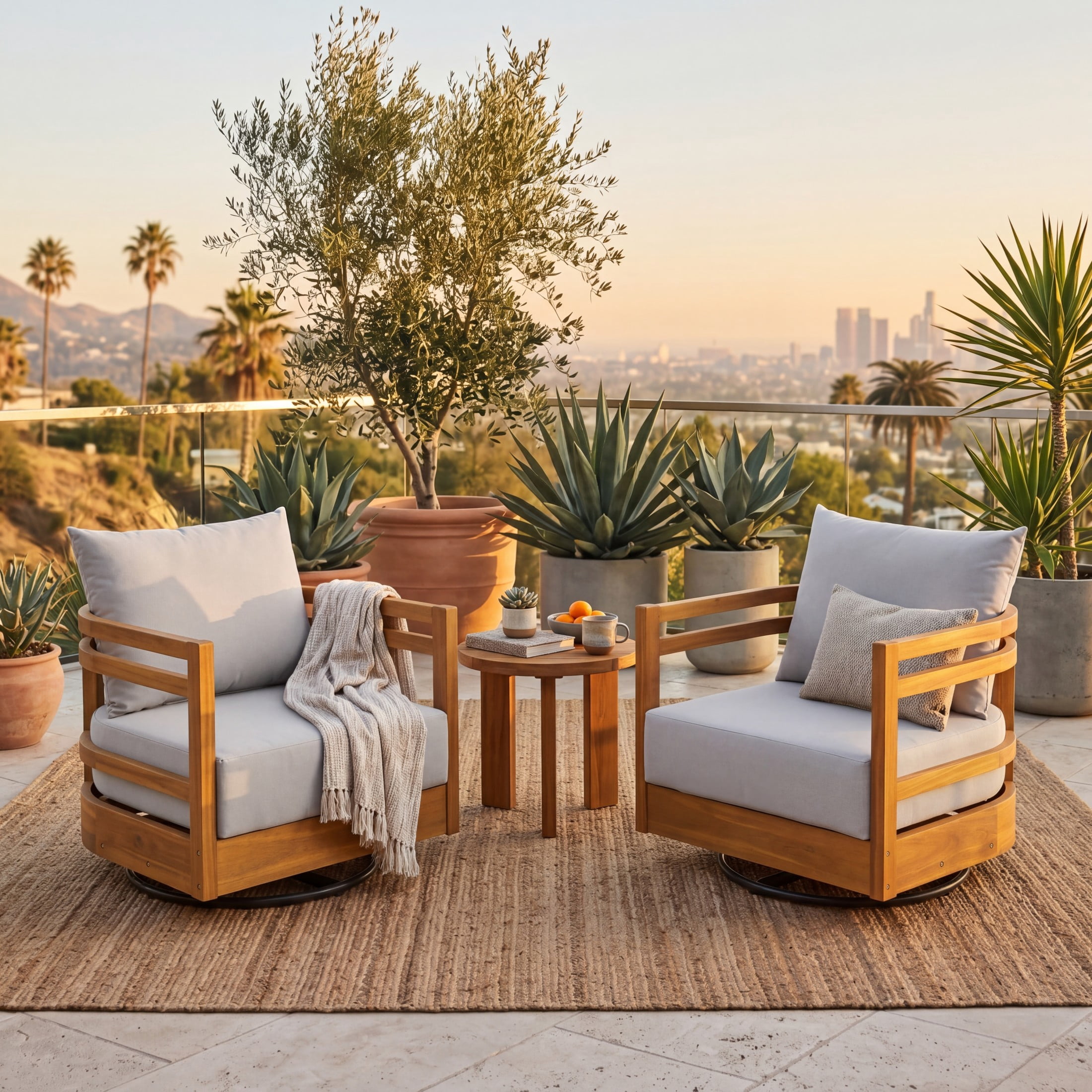 Christopher Knight Home Set of 2 Patio Swivel Chairs with 360° Bases, Water-Resistant Cushions, Teak + Gray