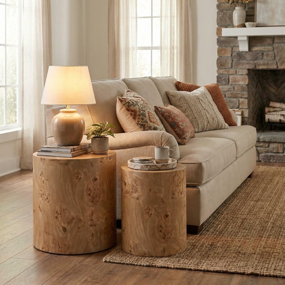 Christopher Knight Home Set of 2 Round End Tables, Burl Veneer Nesting Accent Table Set, Natural