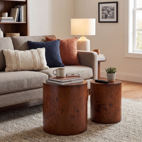 Christopher Knight Home Set of 2 Round End Tables, Burl Veneer Nesting Accent Table Set, Walnut