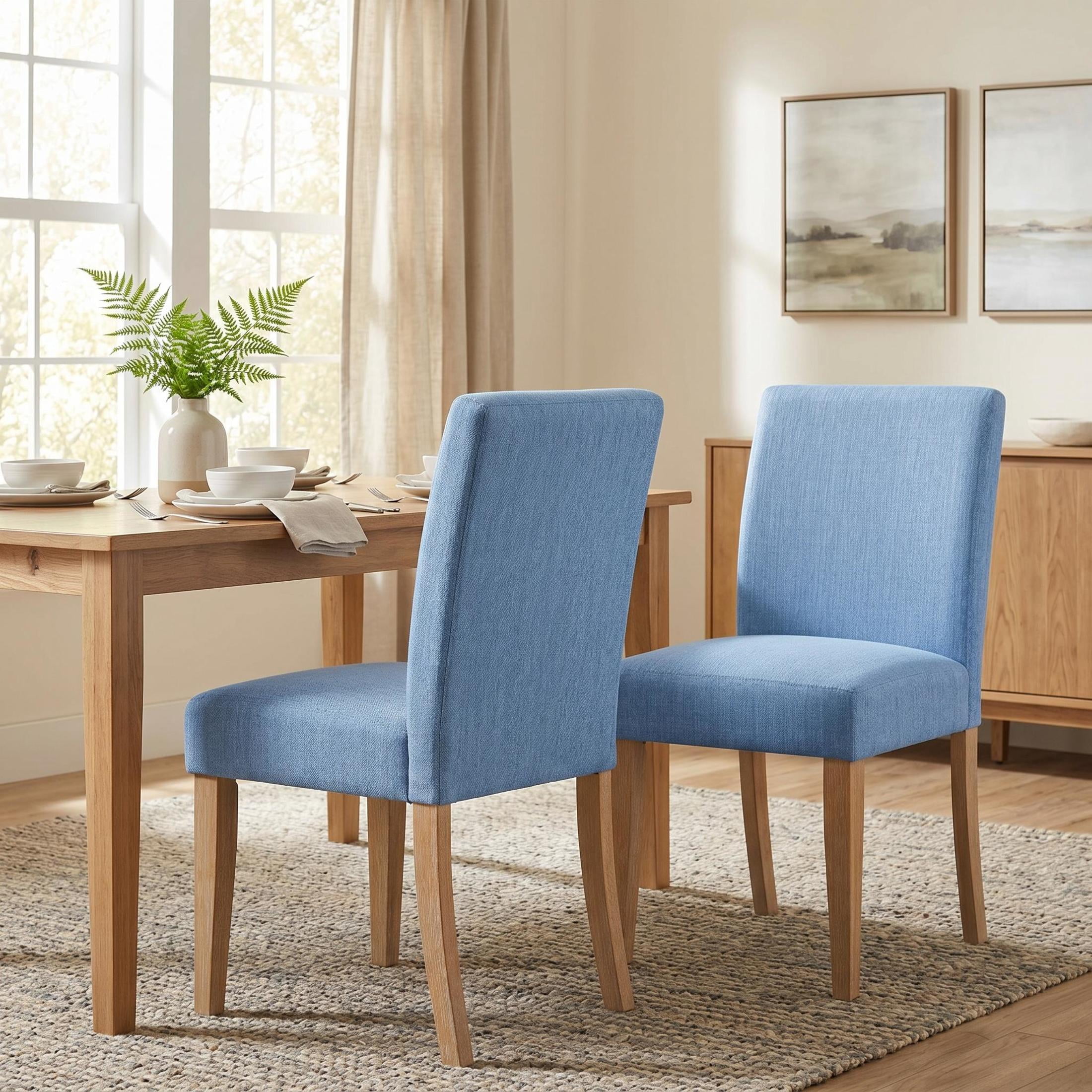 Christopher Knight Home Set of 2 Upholstered Dining Chairs with Solid Wood Legs, Natural + Slate Blue