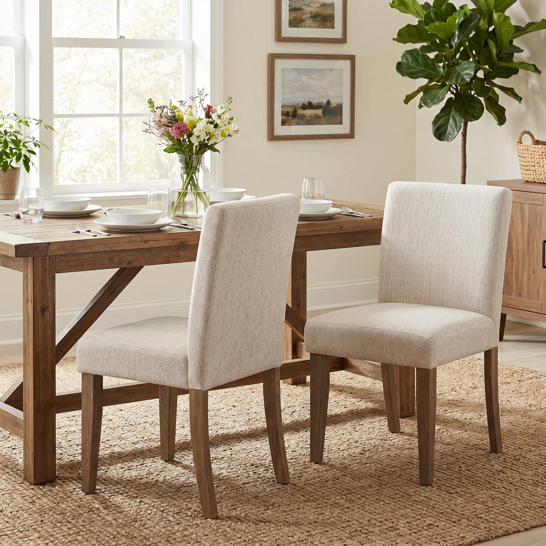 Christopher Knight Home Set of 2 Upholstered Dining Chairs with Solid Wood Legs, Walnut + Beige