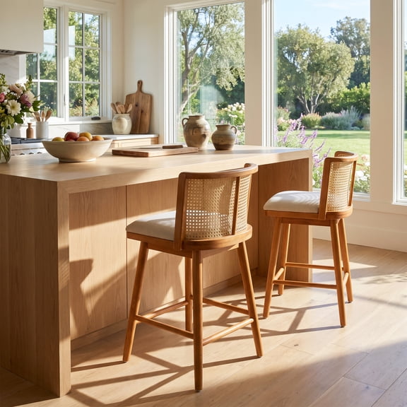 Christopher Knight Home Set of 2 Wooden Armless Counter Stools with Beige Upholstery, Natural Wood
