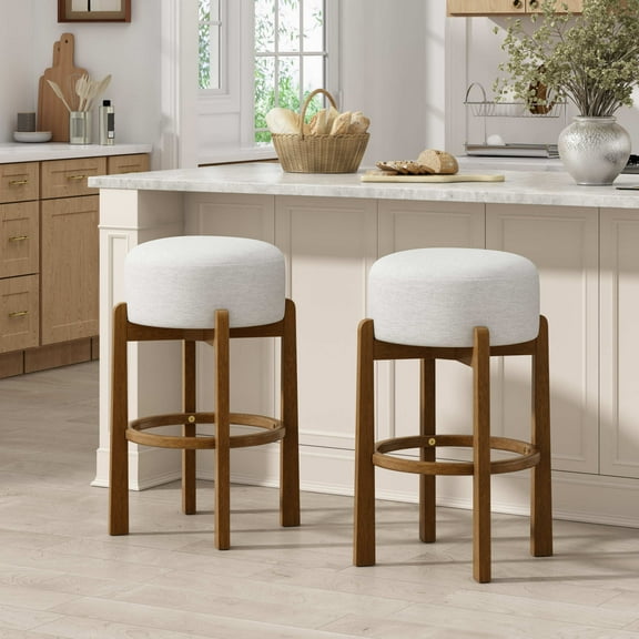 Christopher Knight Home Set of 2 Wooden Upholstered Bar Stools, Dark Walnut Rubberwood Frame, Ivory Seat