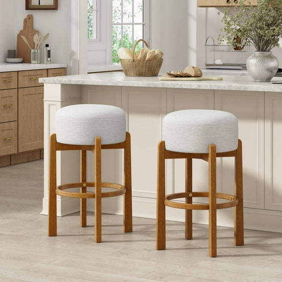 Christopher Knight Home Set of 2 Wooden Upholstered Bar Stools, Walnut Rubberwood Frame, Ivory Seat