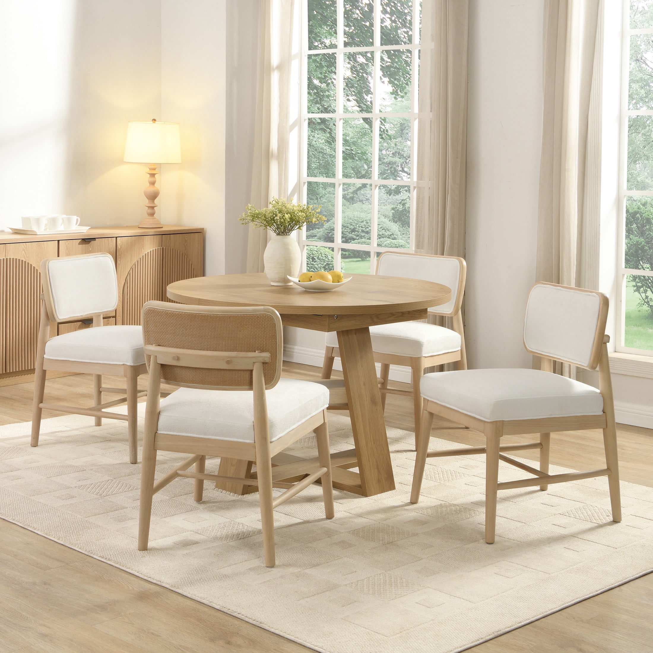 Christopher Knight Home Set of 4 Dining Chairs with Rattan Backrest, Upholstered Seat, White and Light Oak