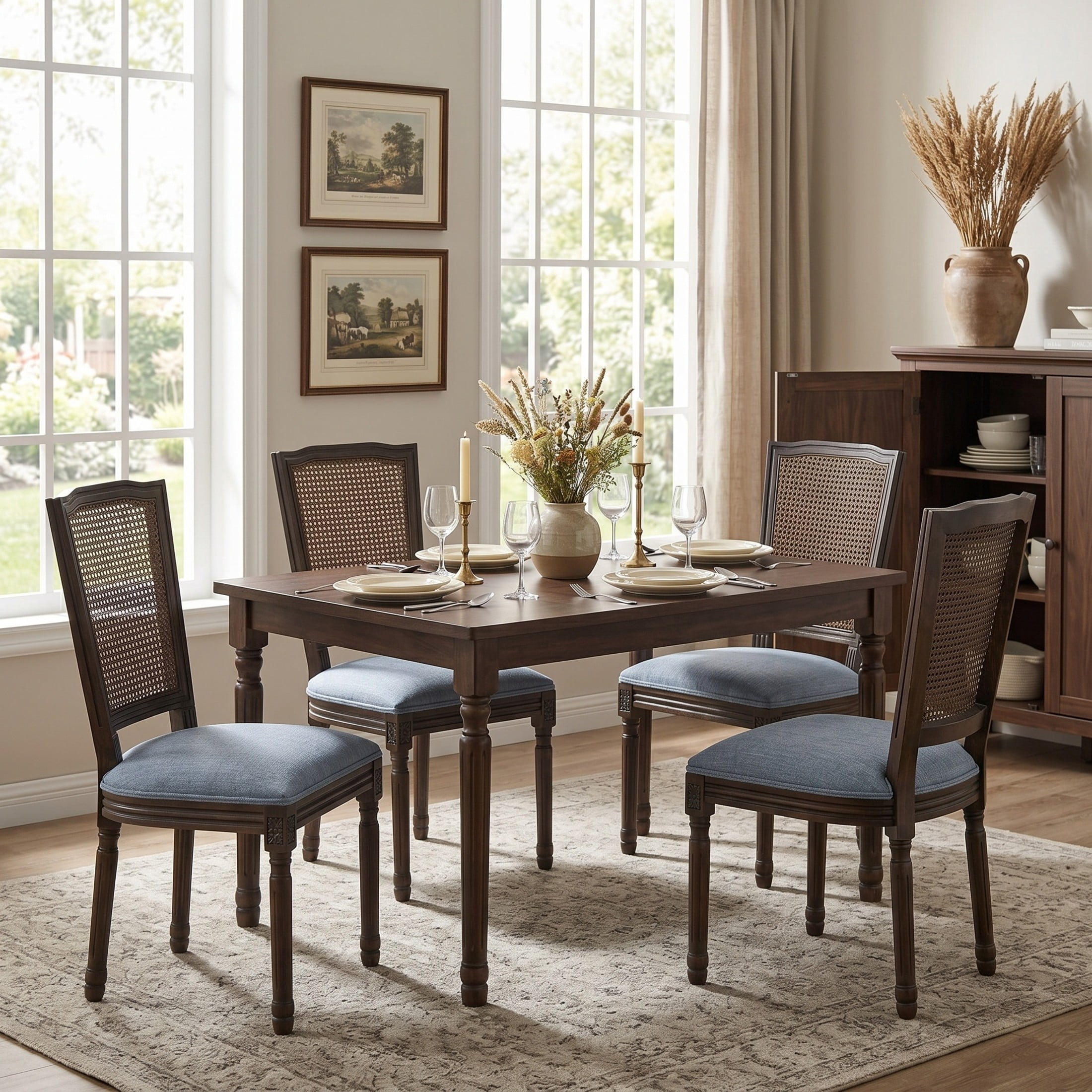 Christopher Knight Home Set of 4 French Country Dining Chairs with Rattan Cane Back, Dark Walnut+Slate Blue