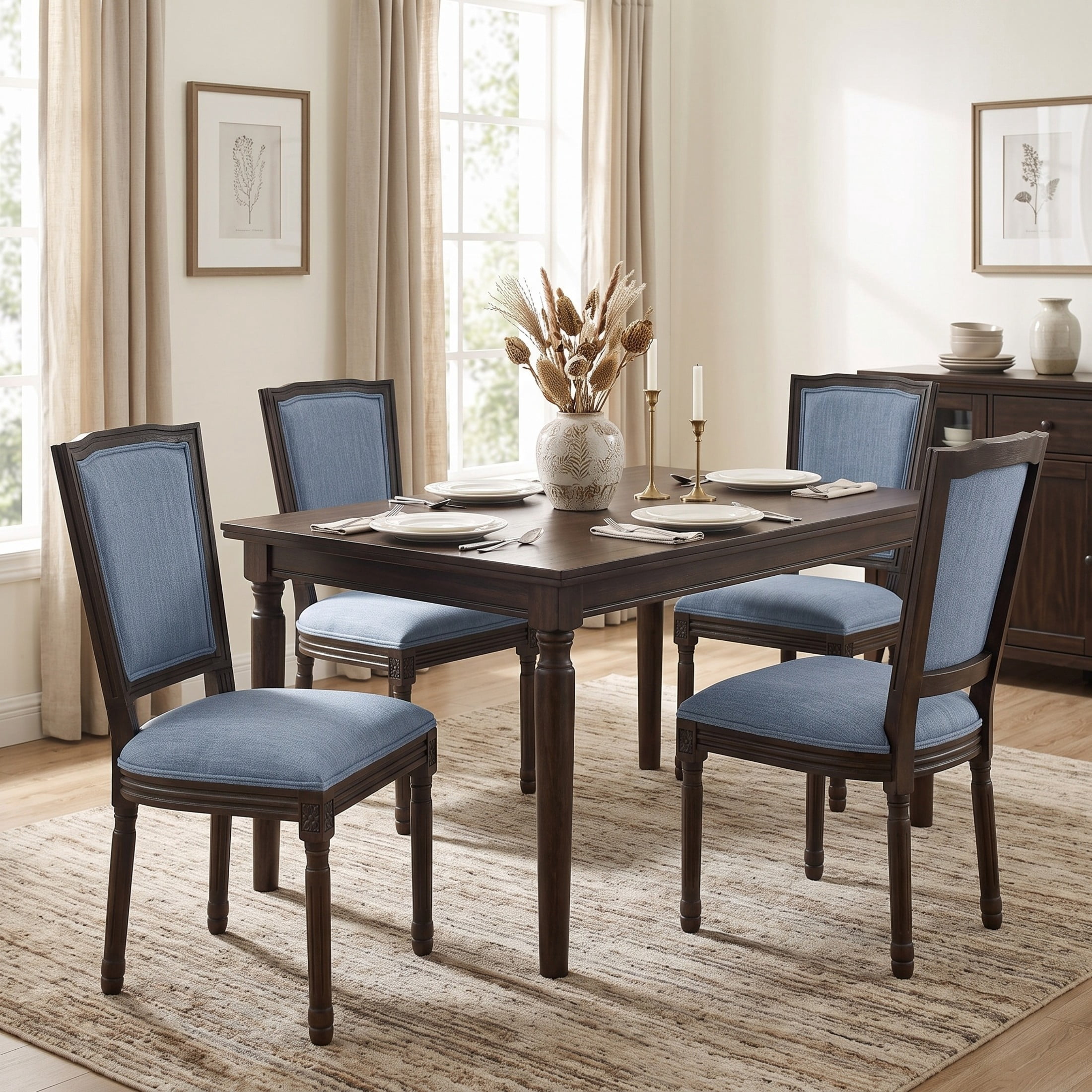Christopher Knight Home Set of 4 French Country Upholstered Dining Chairs, Rubberwood Frame, Slate Blue