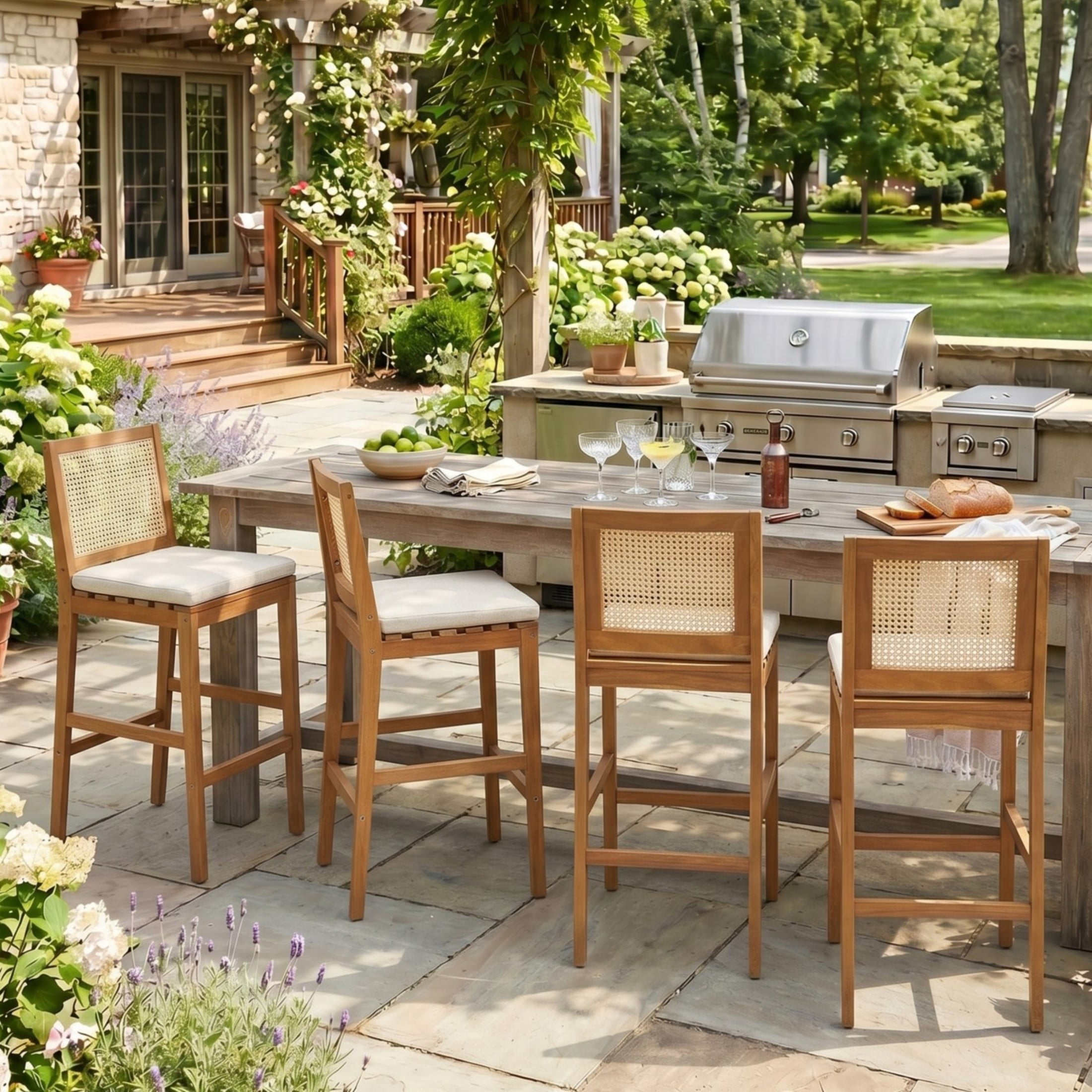 Christopher Knight Home Set of 4 Outdoor Bar Stools with Cushions, Wicker Backrests, Teak + Beige