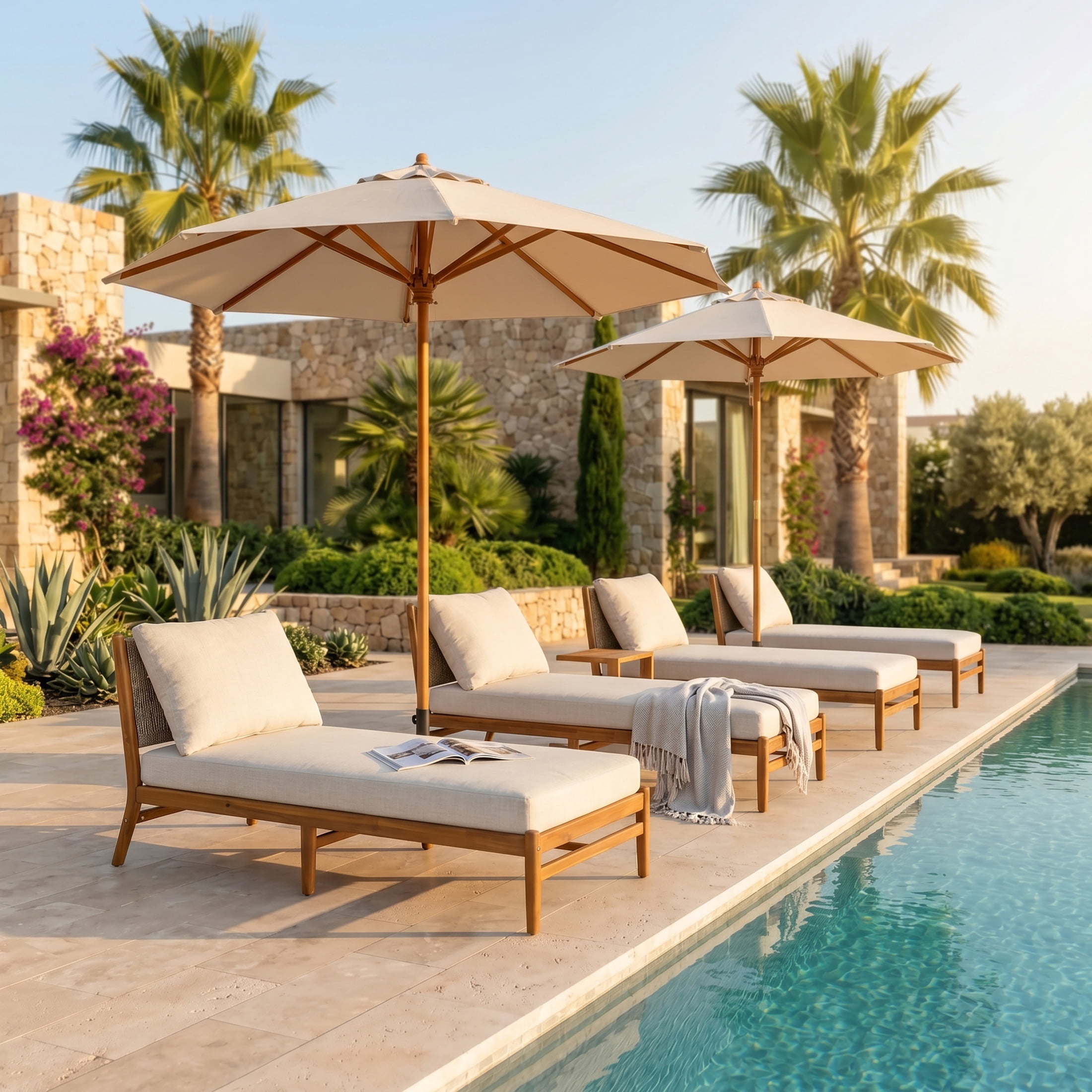 Christopher Knight Home Set of 4 Outdoor Chaise Lounges, Acacia Wood with Woven Rope, Beige Cushions, Teak