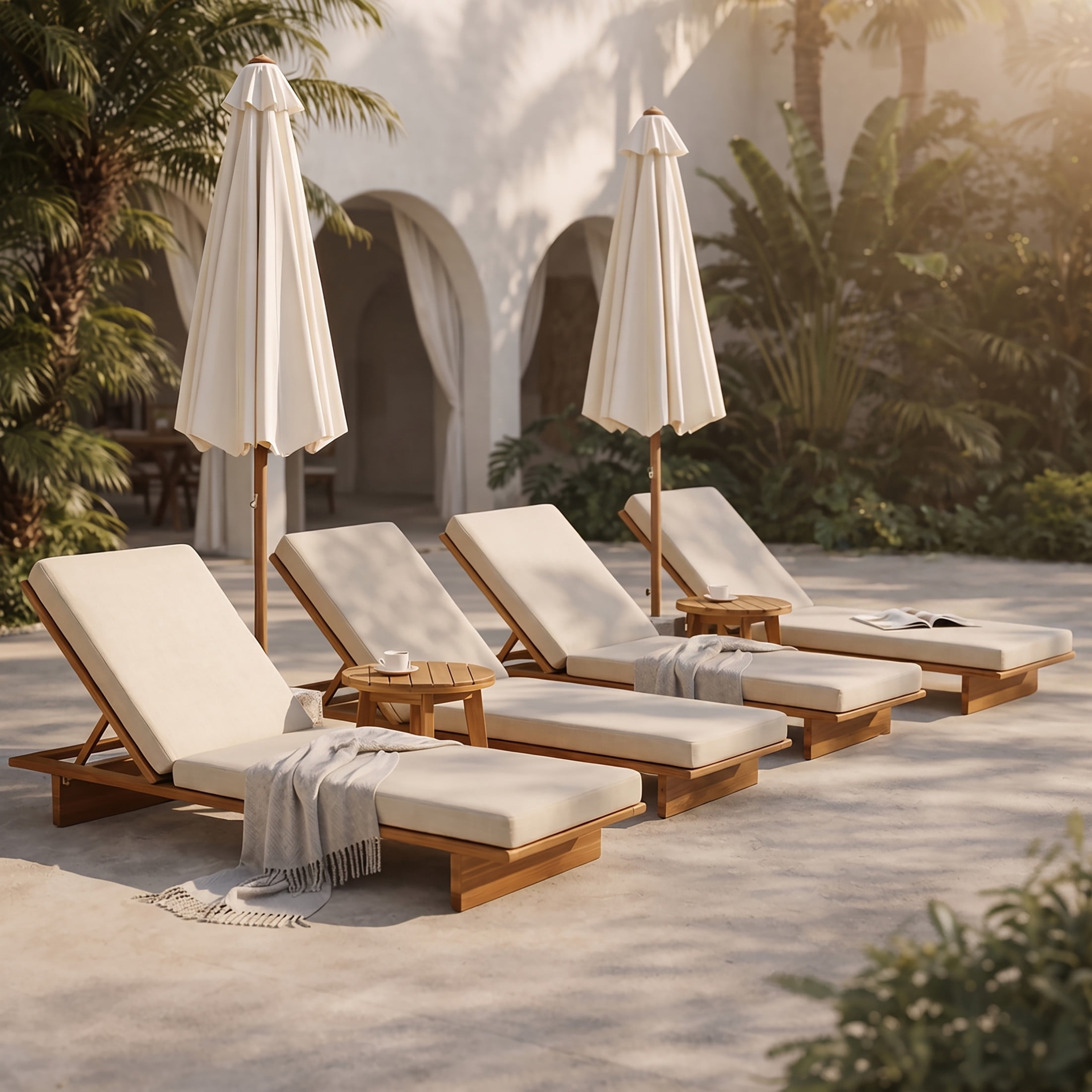 Christopher Knight Home Set of 4 Outdoor Chaise Lounges, Reclining Patio Loungers with Cushions, Teak + Beige