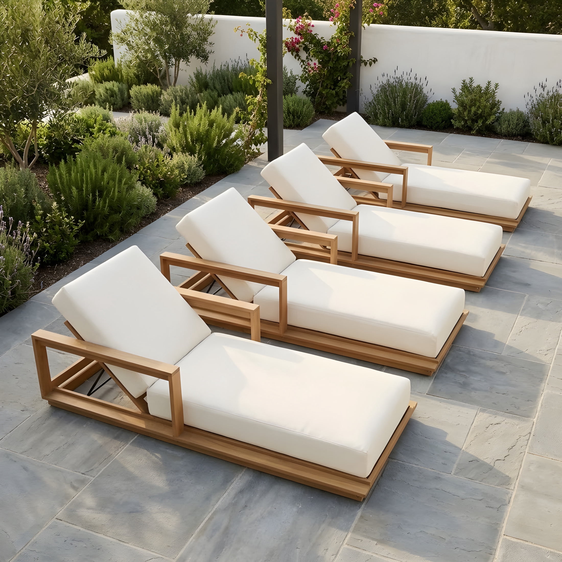 Christopher Knight Home Set of 4 Outdoor Sunloungers with Cushions, Adjustable Backrests, Light Teak + Beige