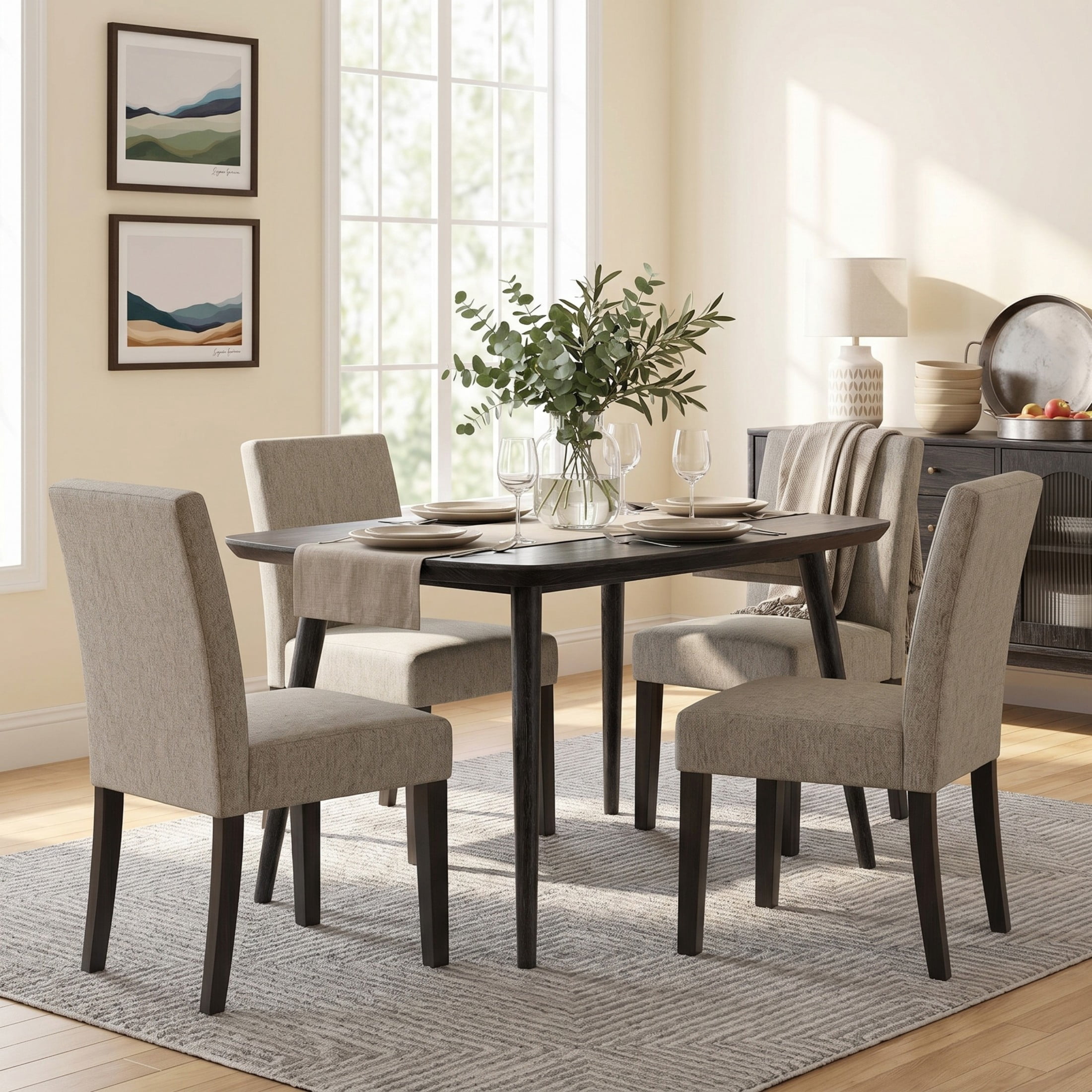 Christopher Knight Home Set of 4 Upholstered Dining Chairs with Solid Wood Legs, Black + Light Gray