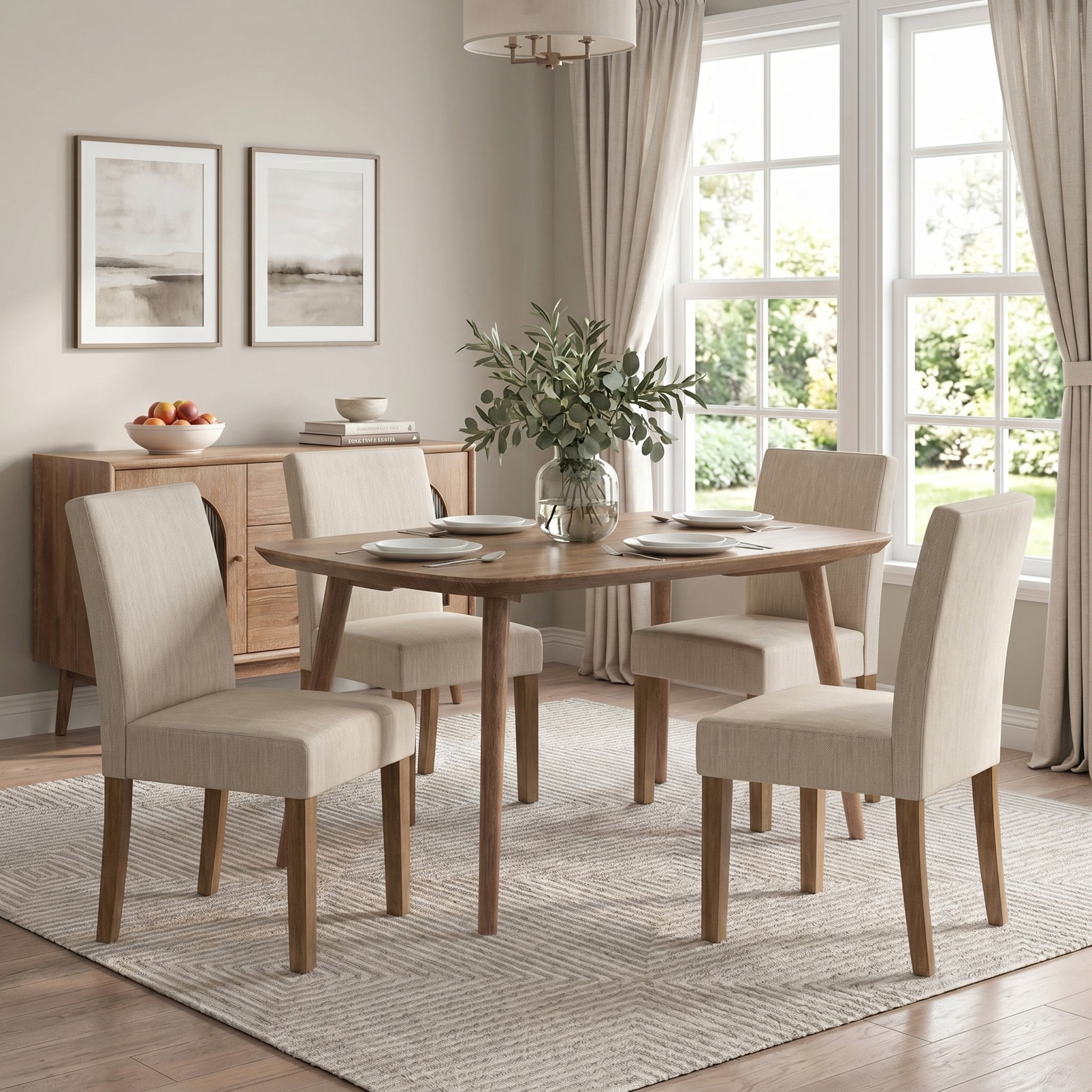 Christopher Knight Home Set of 4 Upholstered Dining Chairs with Solid Wood Legs, Natural + Beige