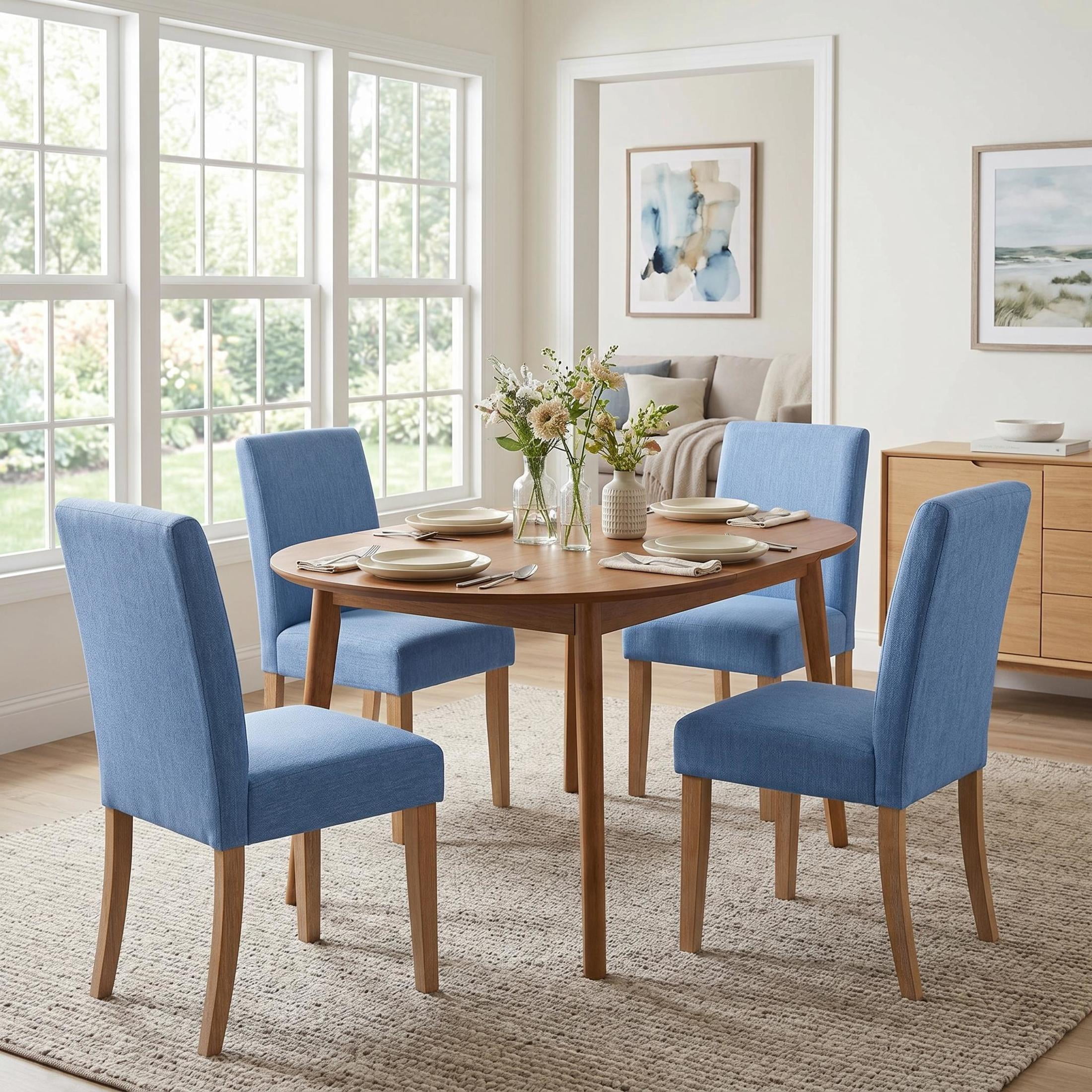 Christopher Knight Home Set of 4 Upholstered Dining Chairs with Solid Wood Legs, Natural + Slate Blue