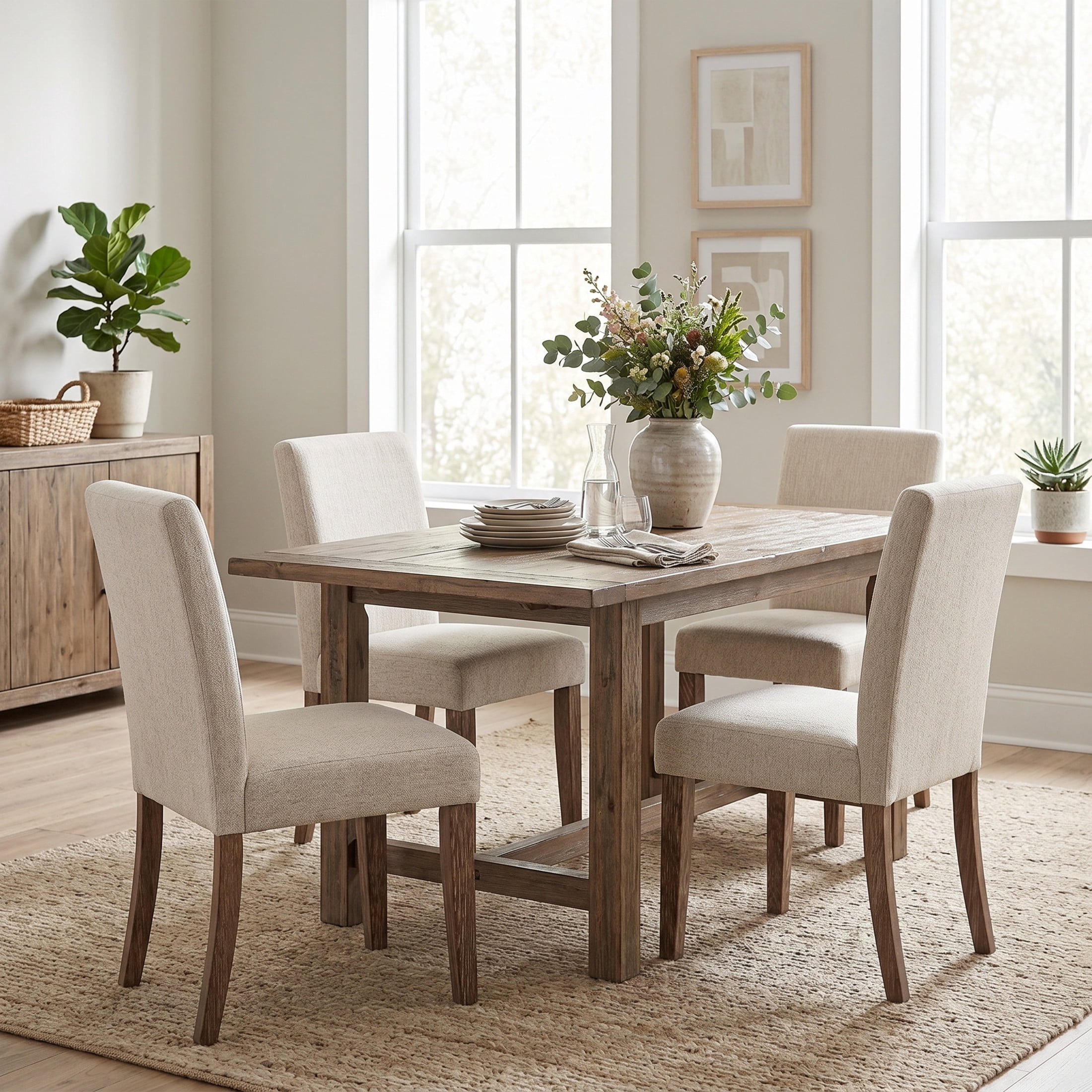 Christopher Knight Home Set of 4 Upholstered Dining Chairs with Solid Wood Legs, Walnut + Beige