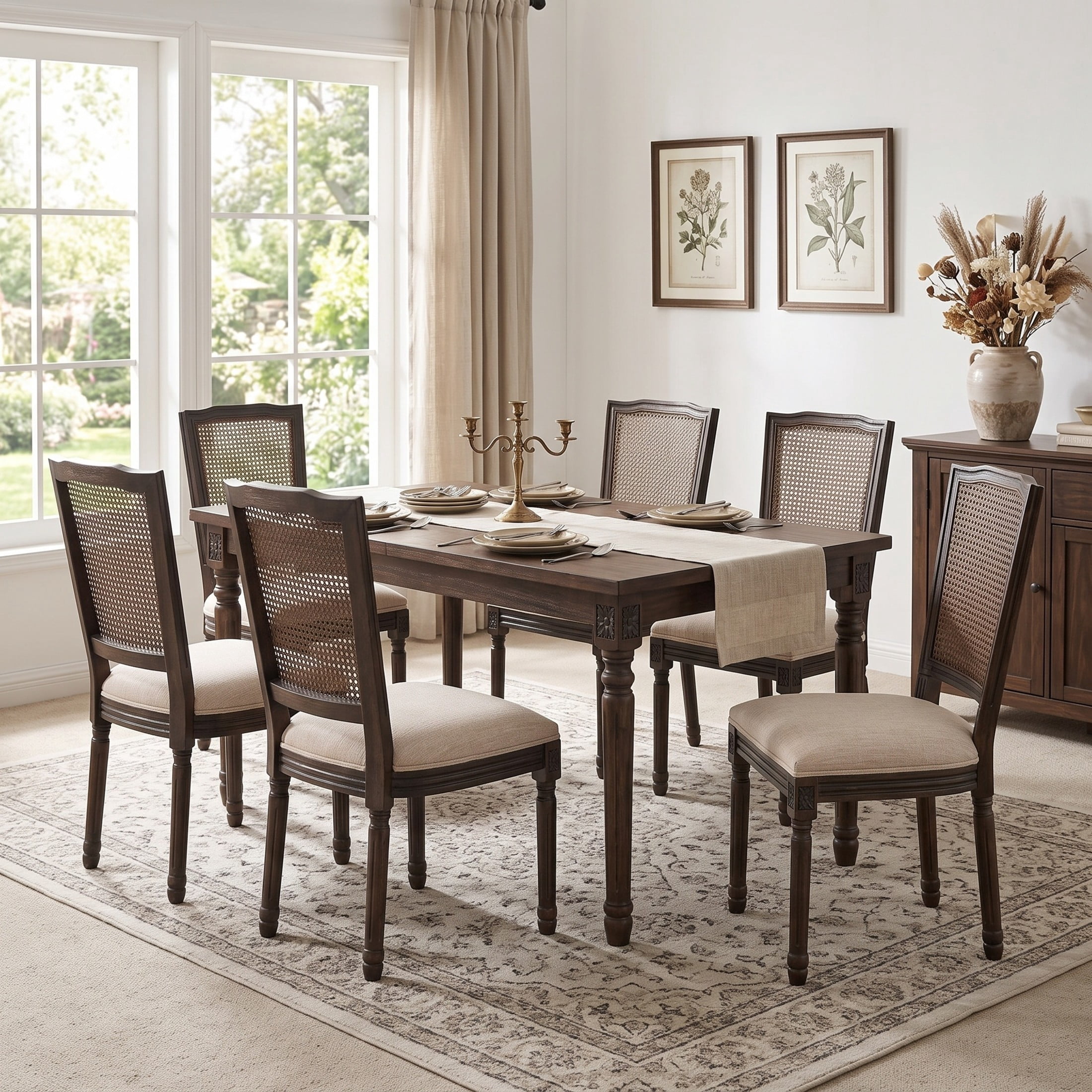 Christopher Knight Home Set of 6 French Country Dining Chairs with Rattan Cane Back, Dark Walnut+Beige