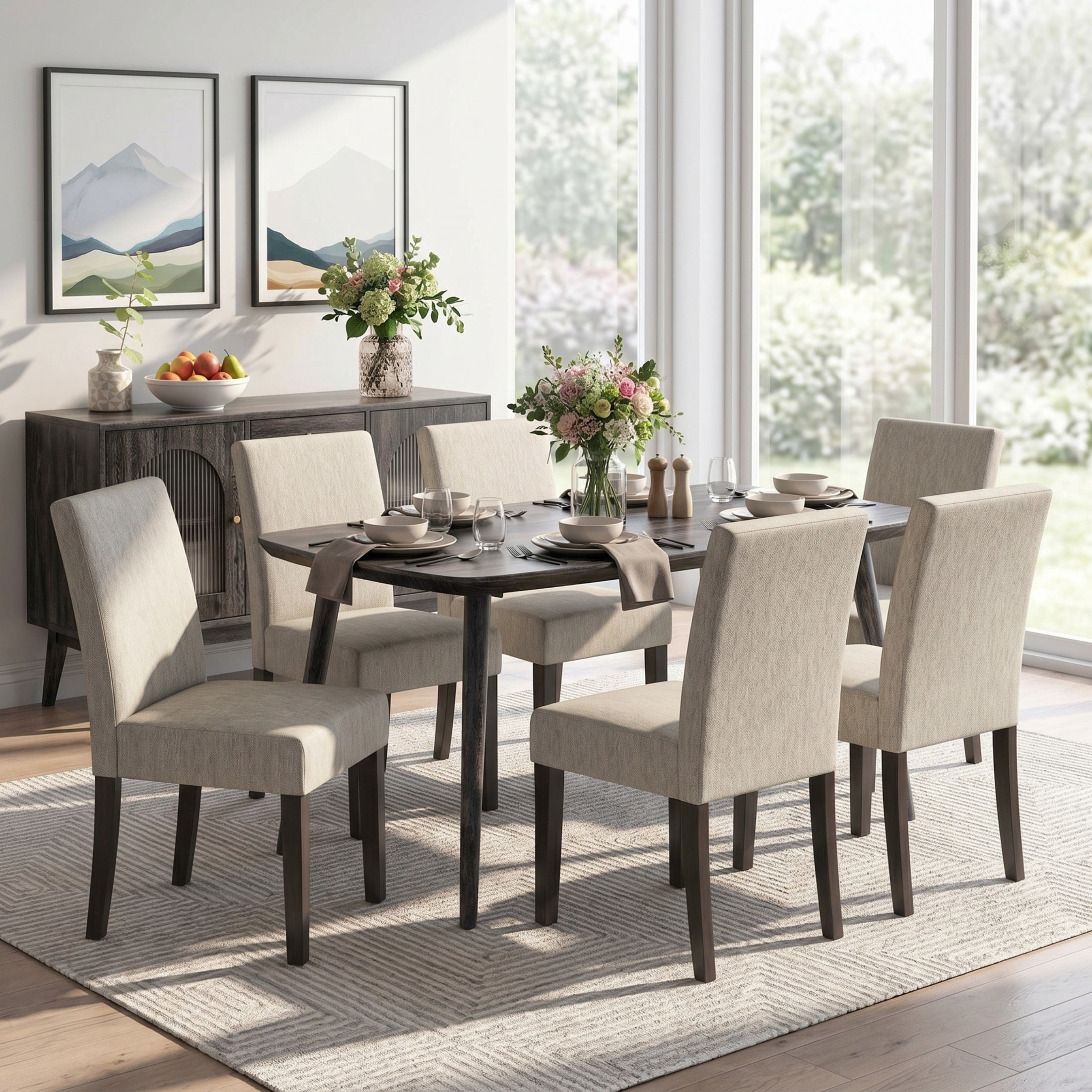 Christopher Knight Home Set of 6 Upholstered Dining Chairs with Solid Wood Legs, Black + Light Gray