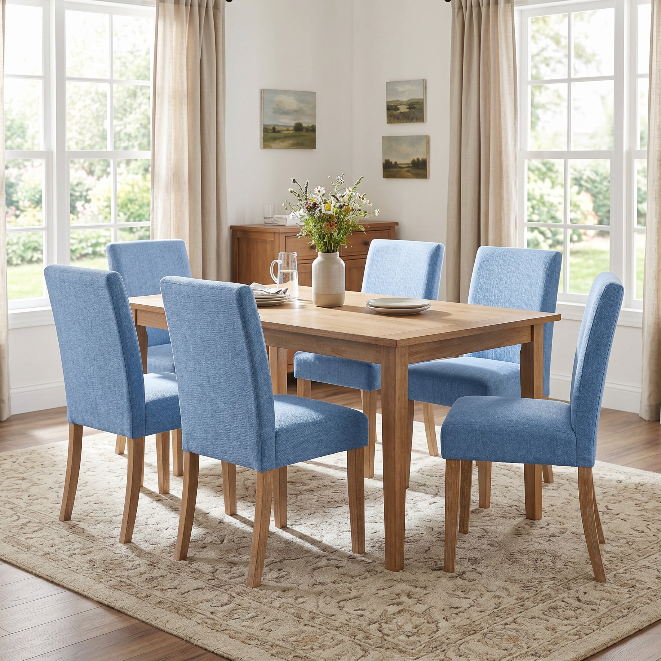 Christopher Knight Home Set of 6 Upholstered Dining Chairs with Solid Wood Legs, Natural + Slate Blue