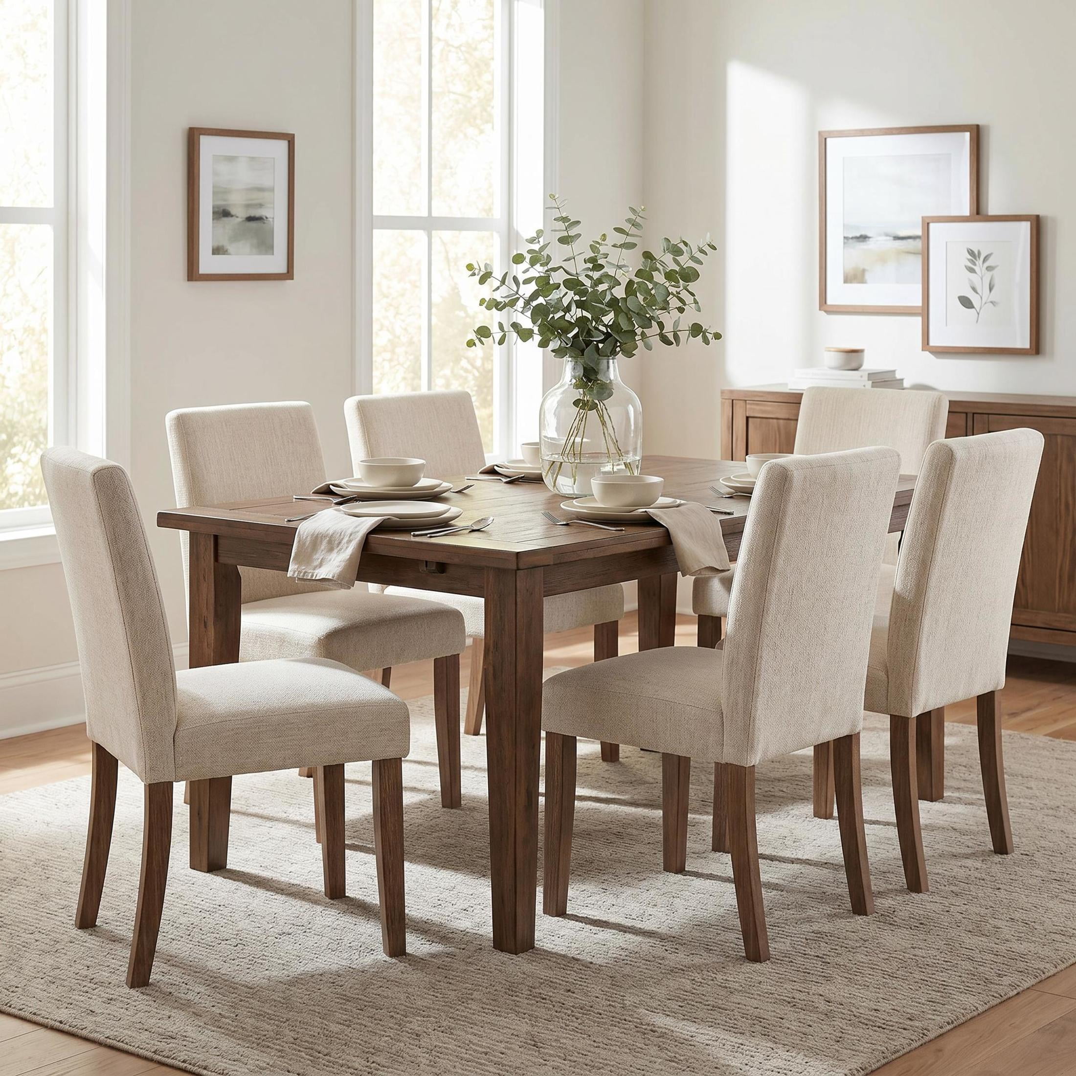 Christopher Knight Home Set of 6 Upholstered Dining Chairs with Solid Wood Legs, Walnut + Beige