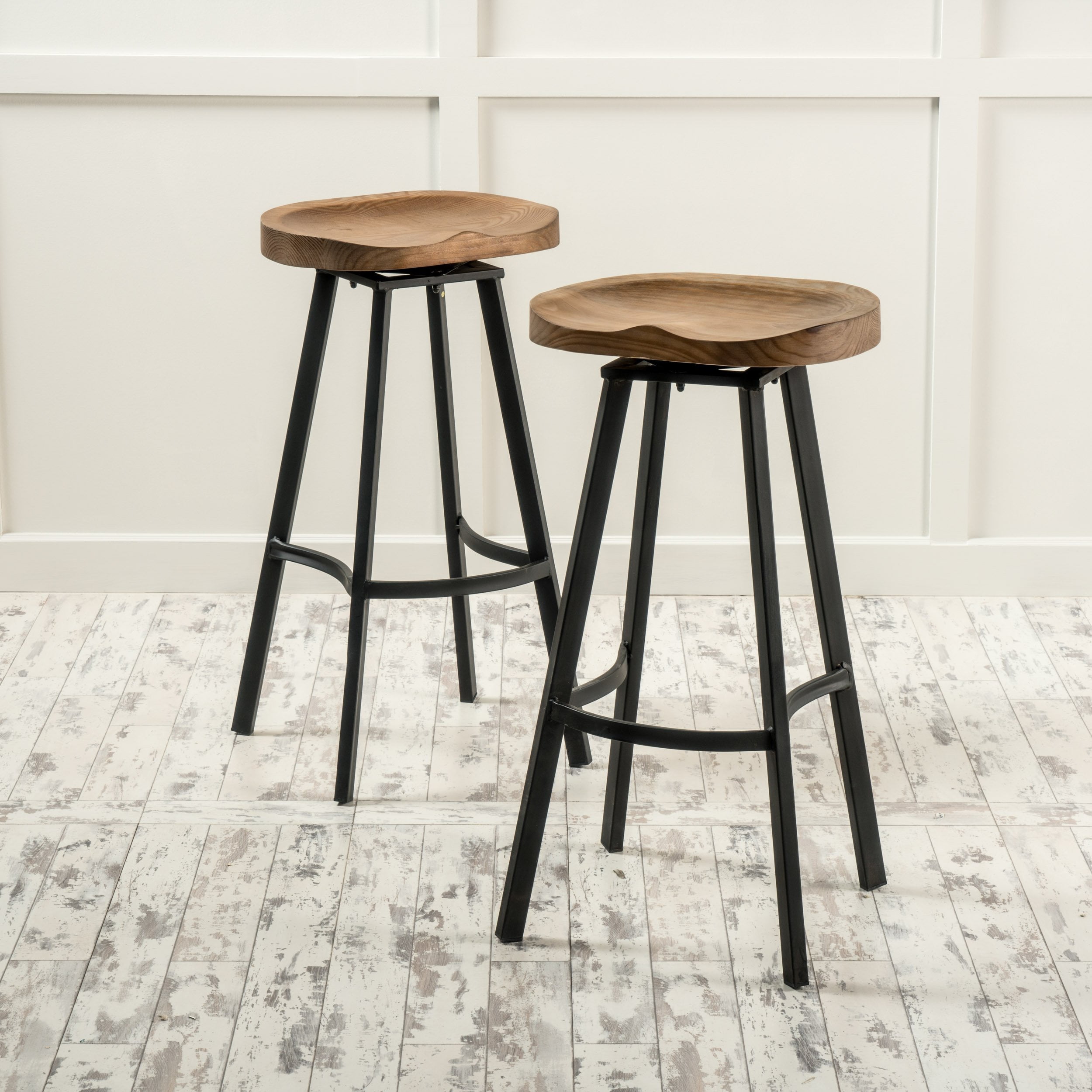 Shea Rustic Swivel Barstool 32-Inch Black Iron and Pinewood (Set of 2)
