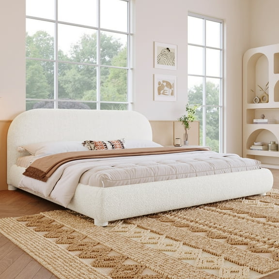 Christopher Knight Home Simple Modern King Size Bed Frame with Curved Headboard, Cream Upholstered Boucle