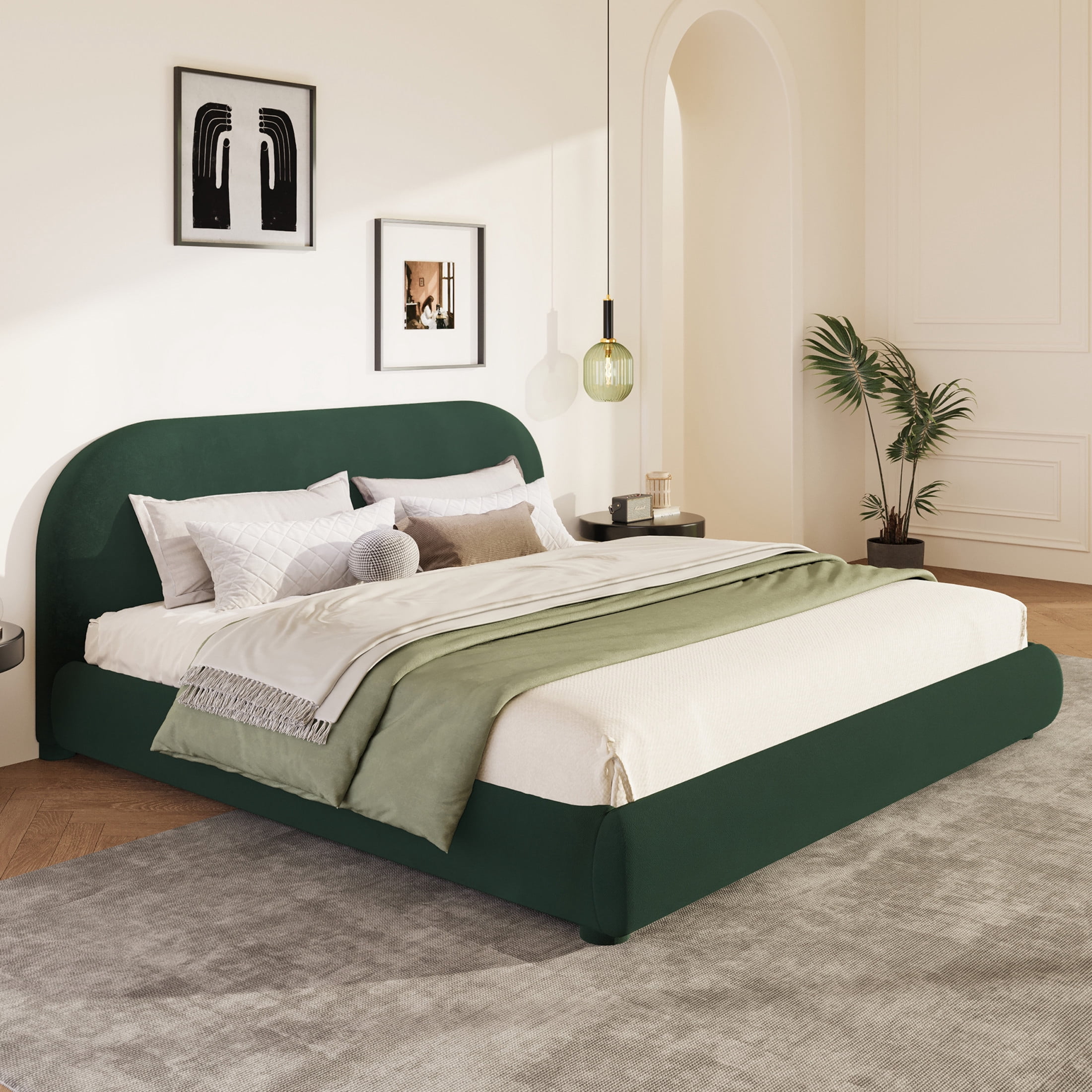 Christopher Knight Home Simple Modern King Size Bed Frame with Curved Headboard, Green Upholstered Velvet