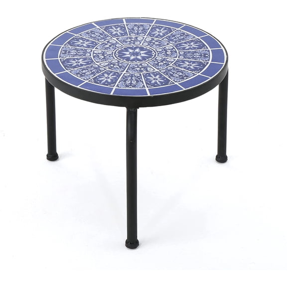 Christopher Knight Home Slate Outdoor Ceramic Tile Side Table with Iron Frame, Blue / White