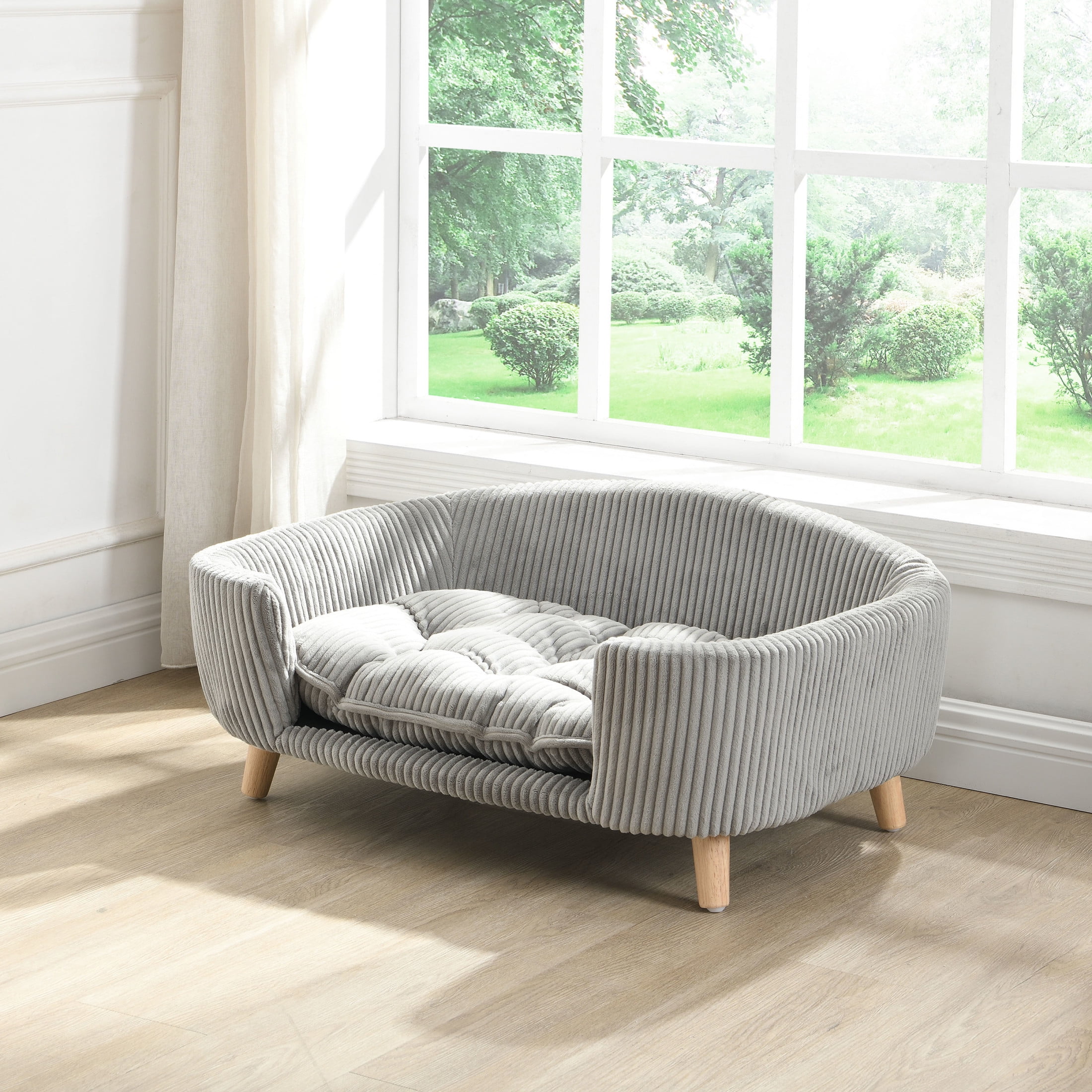 Christopher Knight Home Small Dog Bed with Corduroy Cushion & Solid Wood Legs, 30" x 22", Grey