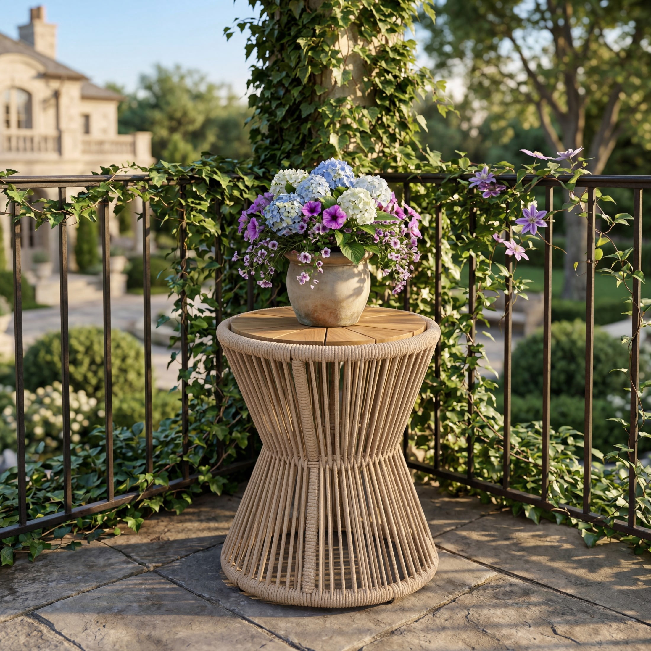 Christopher Knight Home Small Outdoor Side Table, Woven Rope Patio End Table, Beige + Light Teak